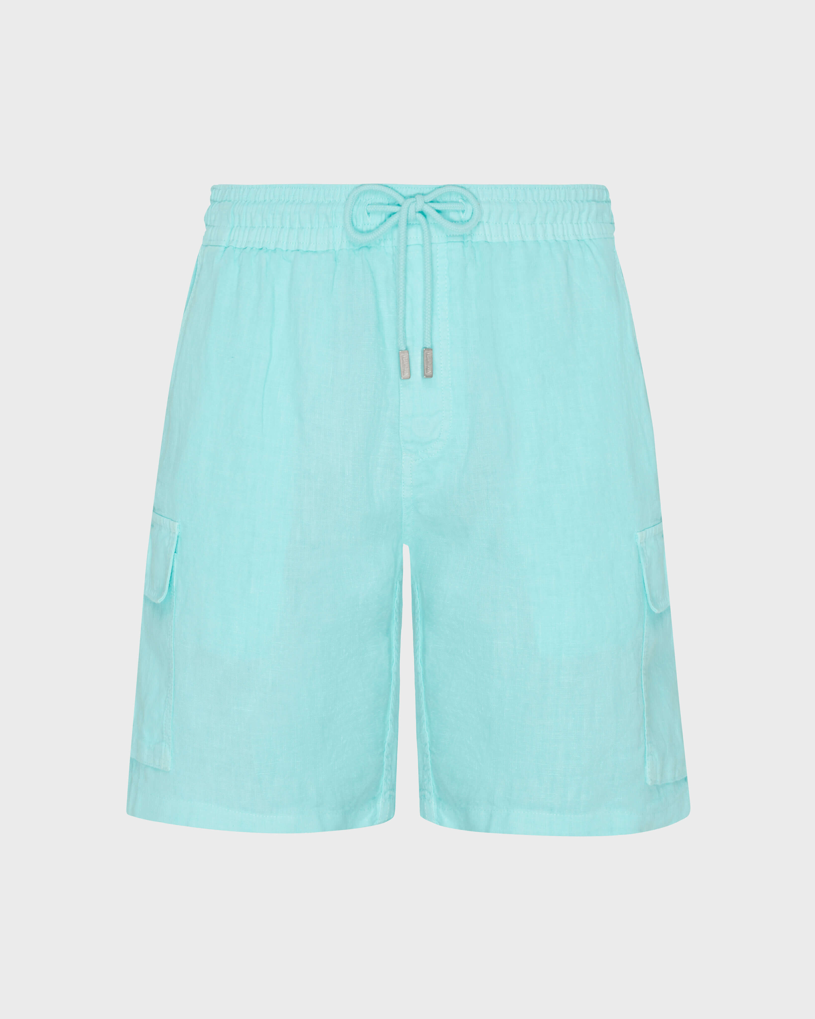 Men Linen Bermuda Shorts Cargo Pockets LAGOON front view