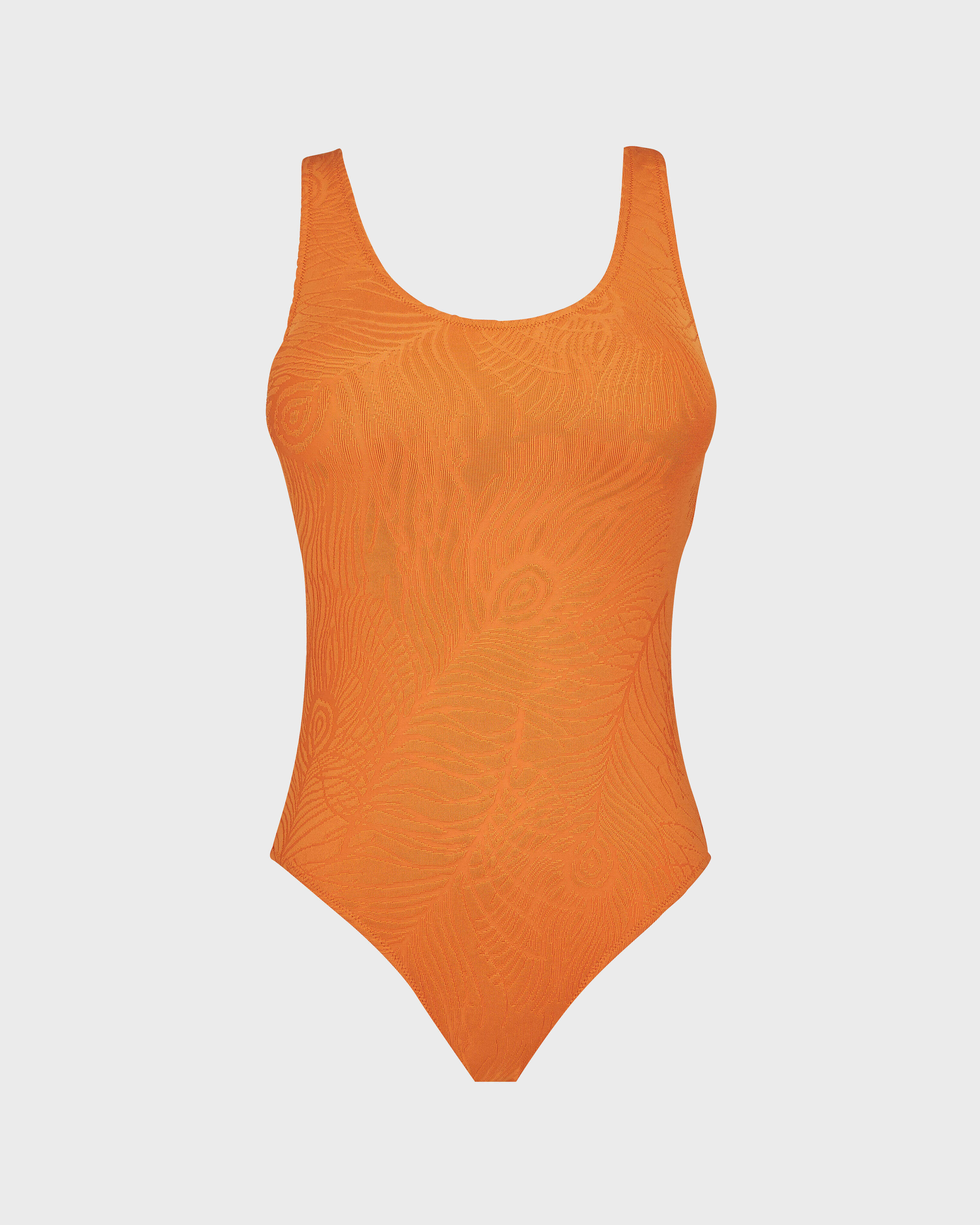 Bañador de una sola pieza con tirantes cruzados en la espalda y estampado Plumes Jacquard para mujer TERRACOTTA front view