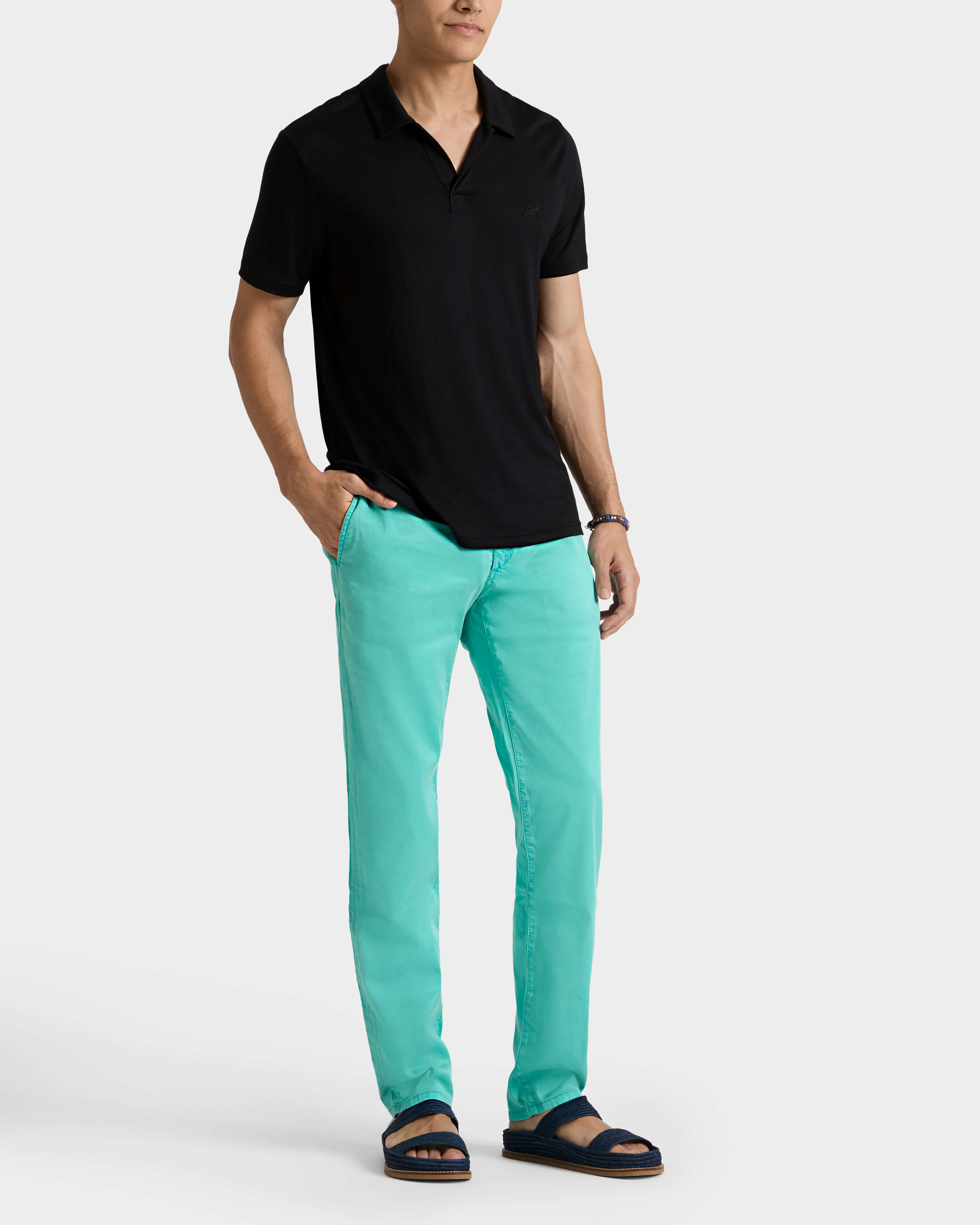 Men Tencel Satin Regular Pants DISCO GREEN frontworn view