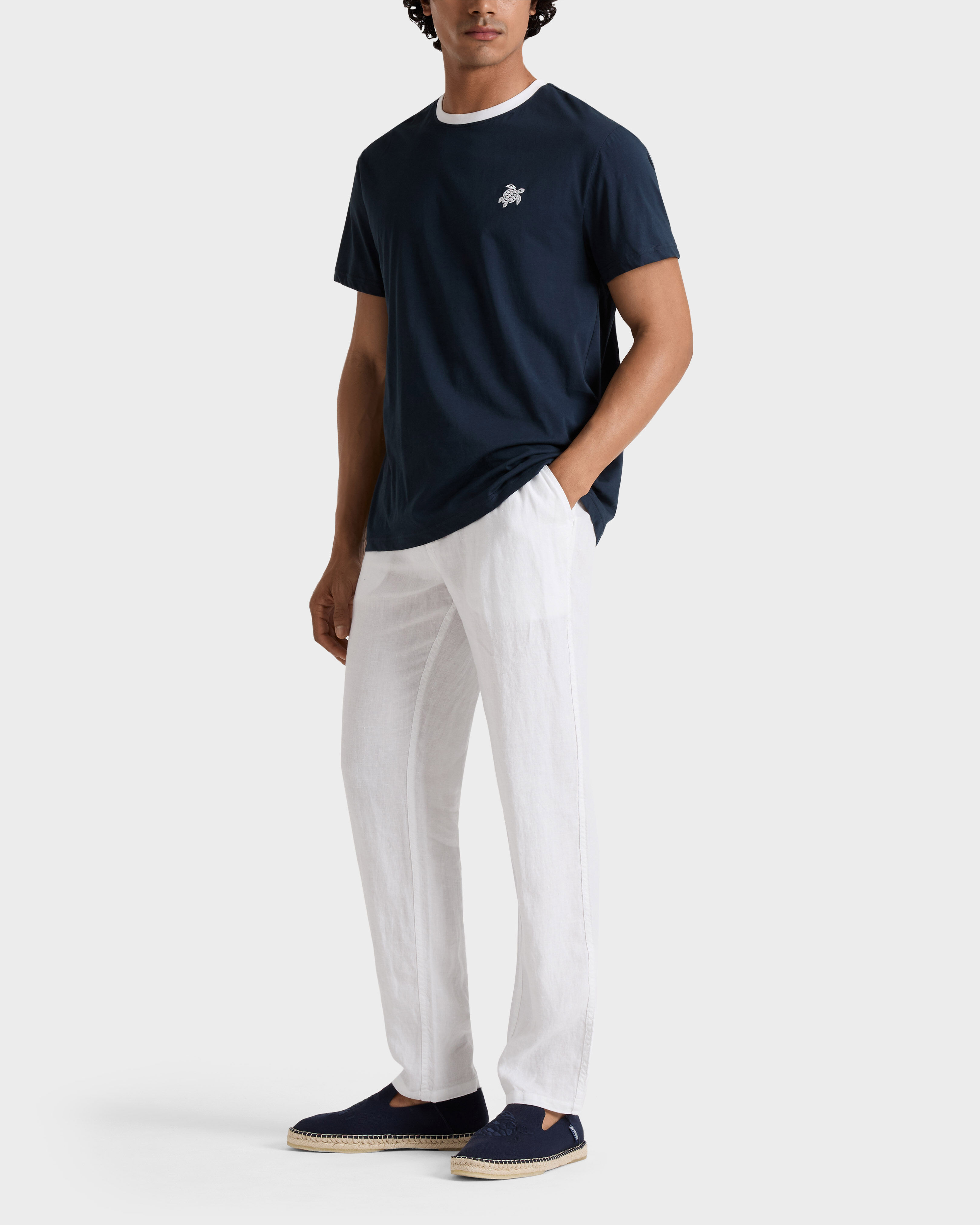 Men Linen Pants Regular Fit Solid WHITE frontworn view