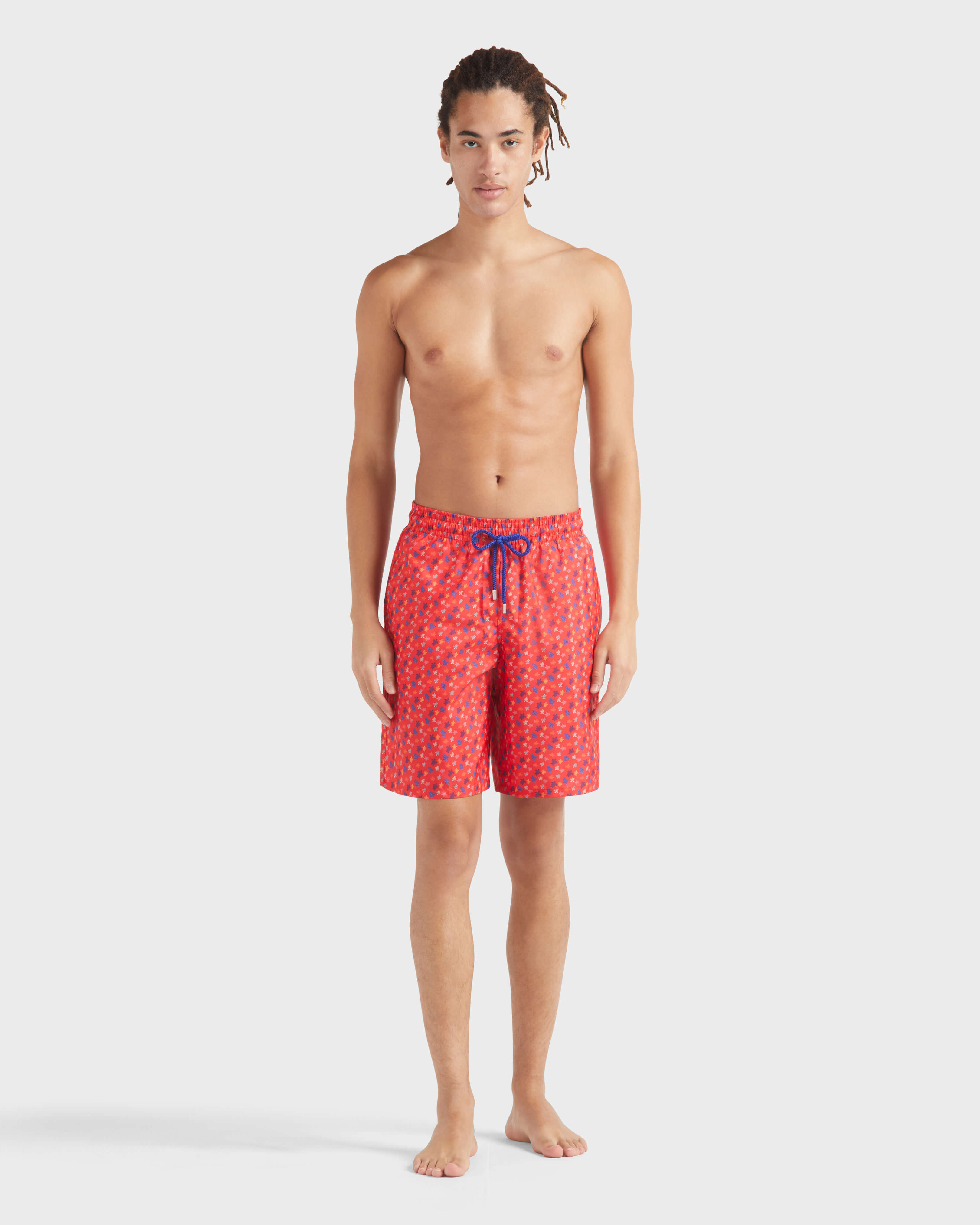 Men Long Ultra-Light and Packable Swim Shorts Micro Rondes des Tortues POPPY RED frontworn view
