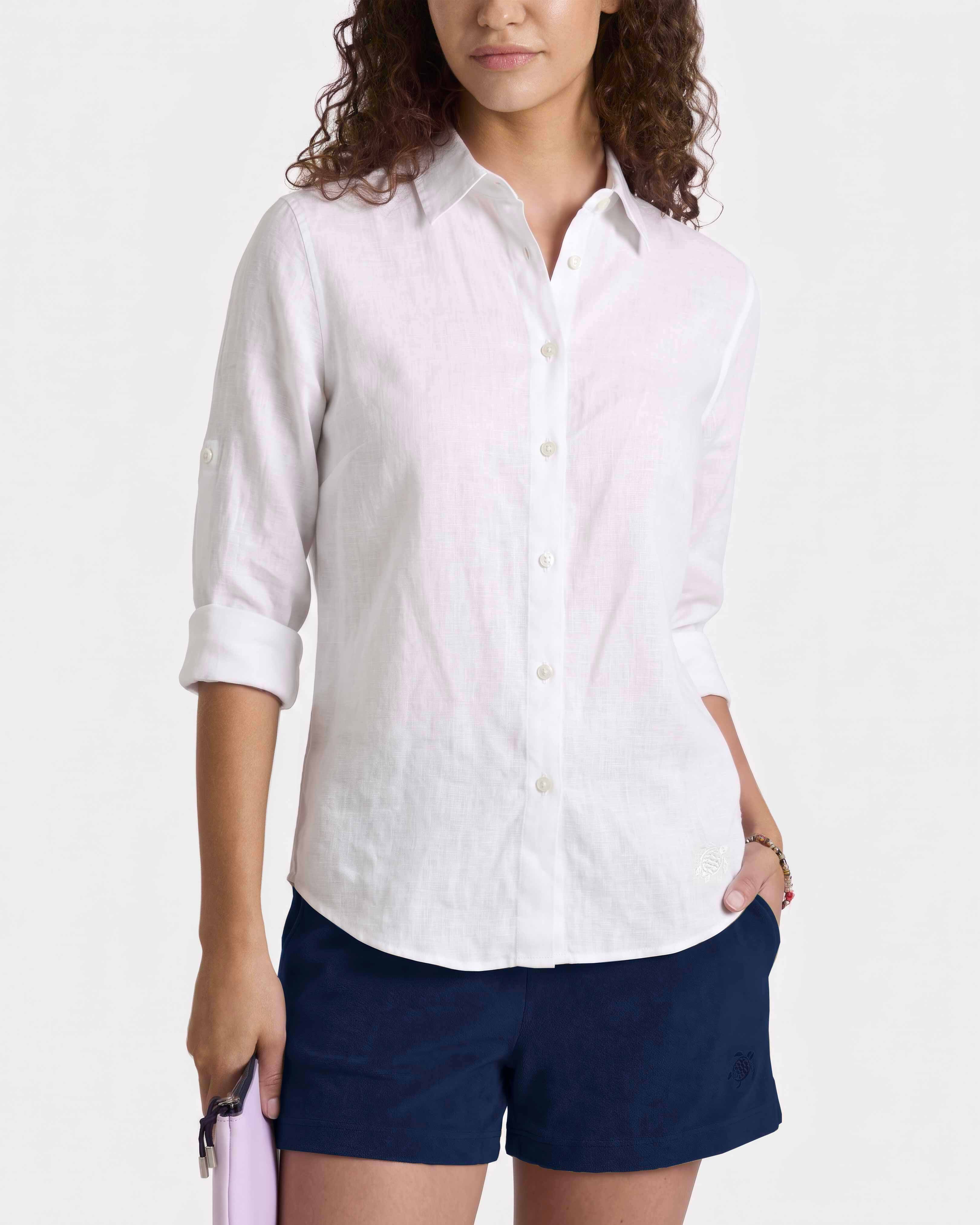 Camicia Lino Donna Manica Lunga Tinta Unita BIANCO frontworn view