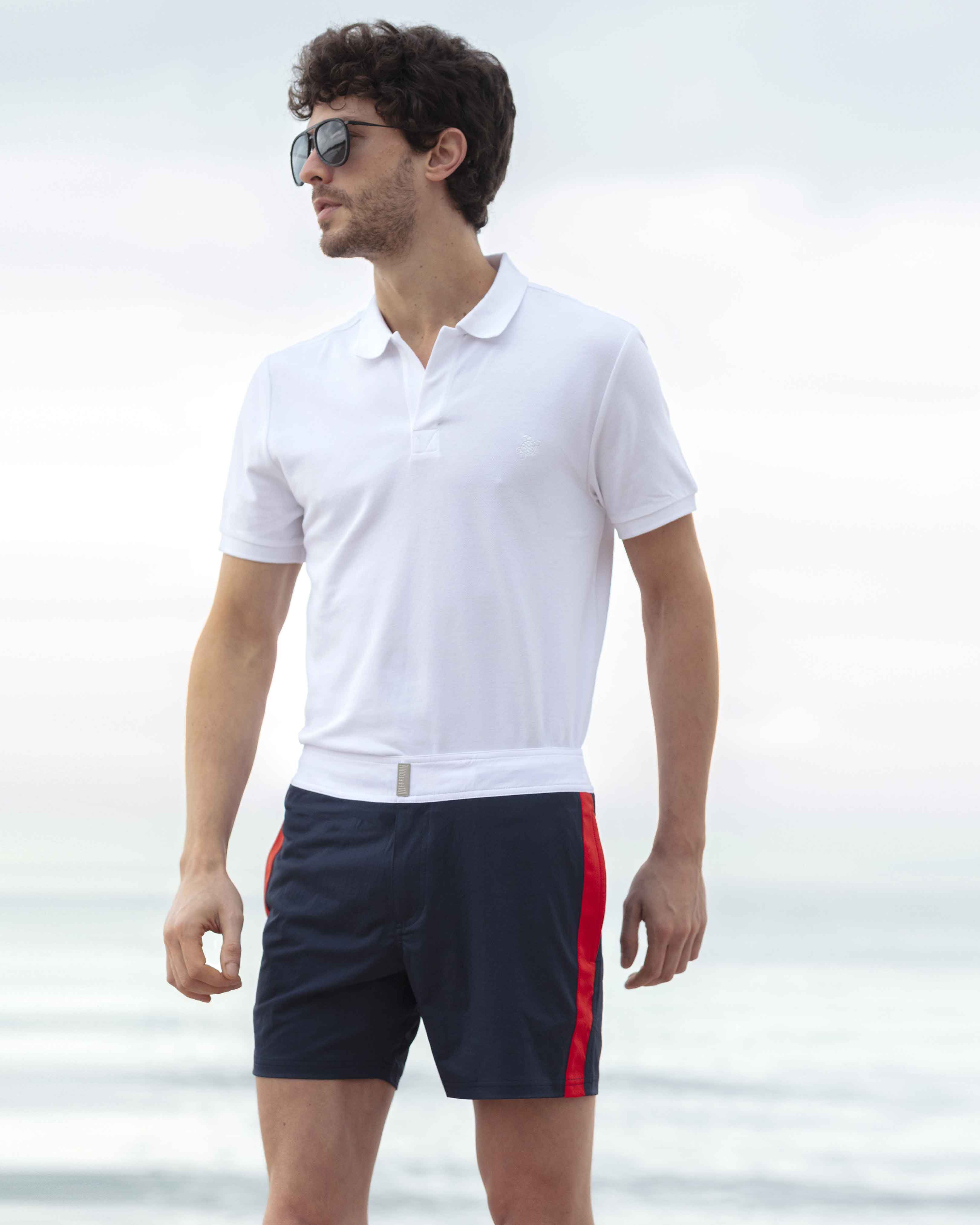 Men Stretch Swim Trunks Flat Belt Color Block NAVY lifestyle view