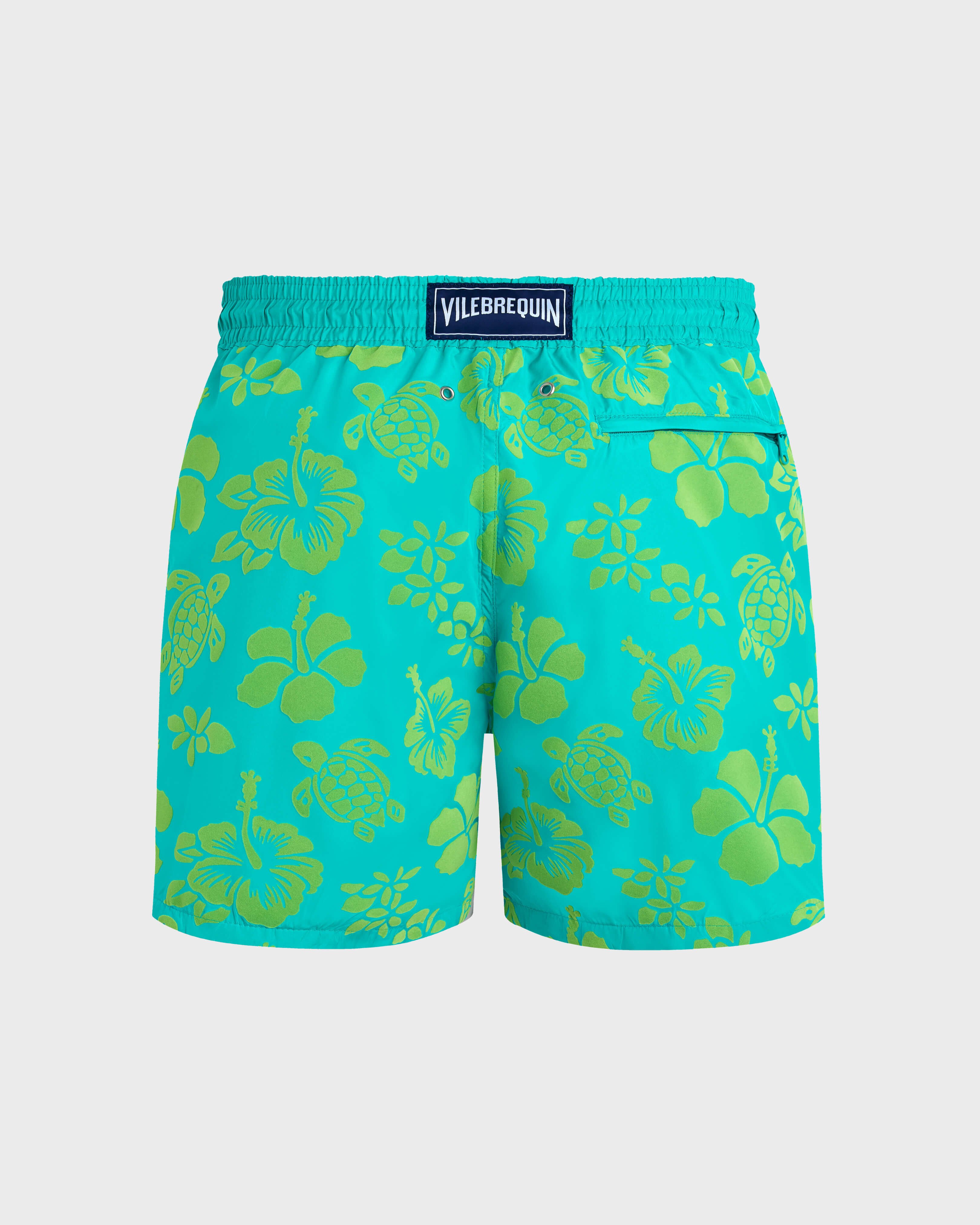 Men Ultra-light and packable Flocked Swim Shorts Tropical Turtle DISCO GREEN back view