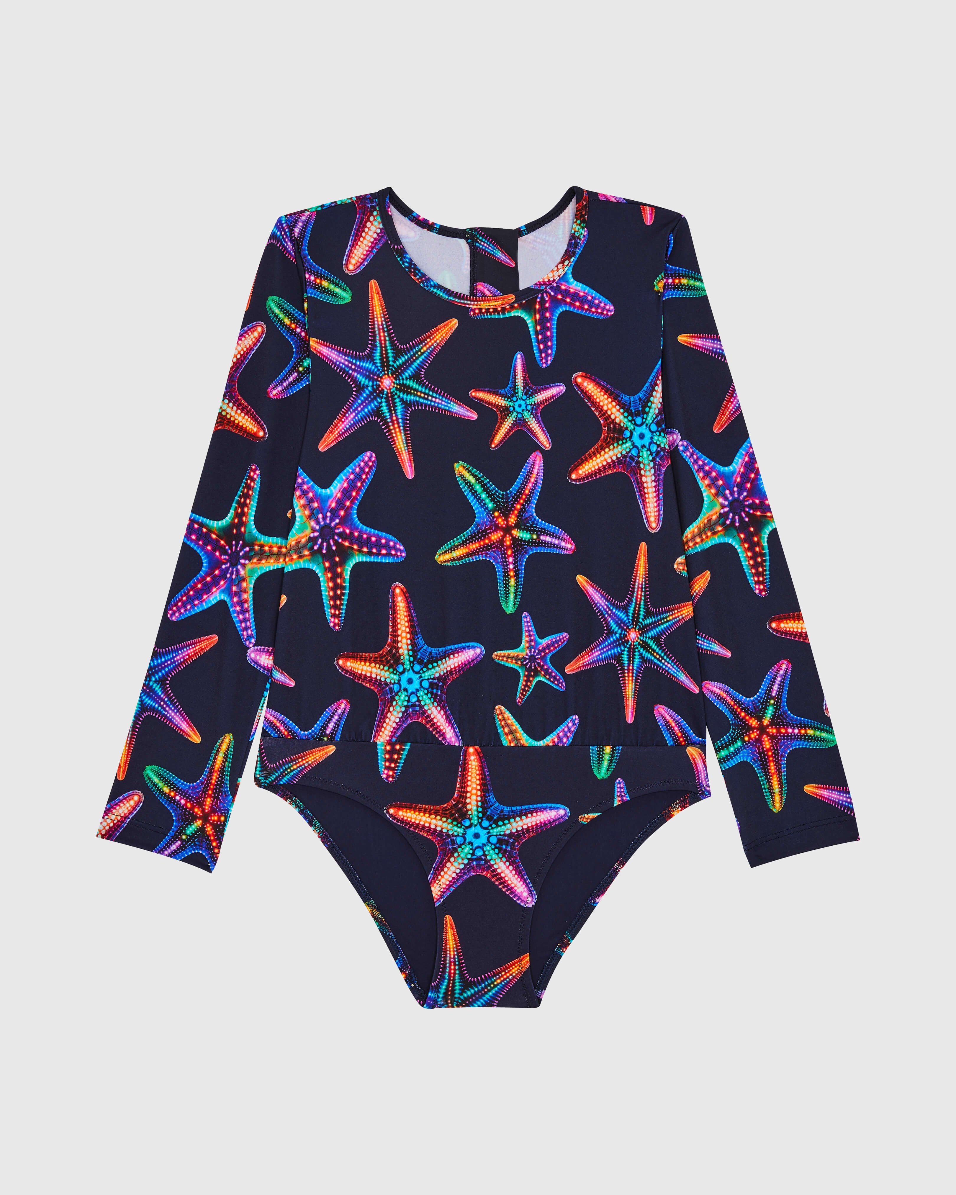 Girls One-piece Zipped Swimsuit Rashguard Disco Stars NAVY front view