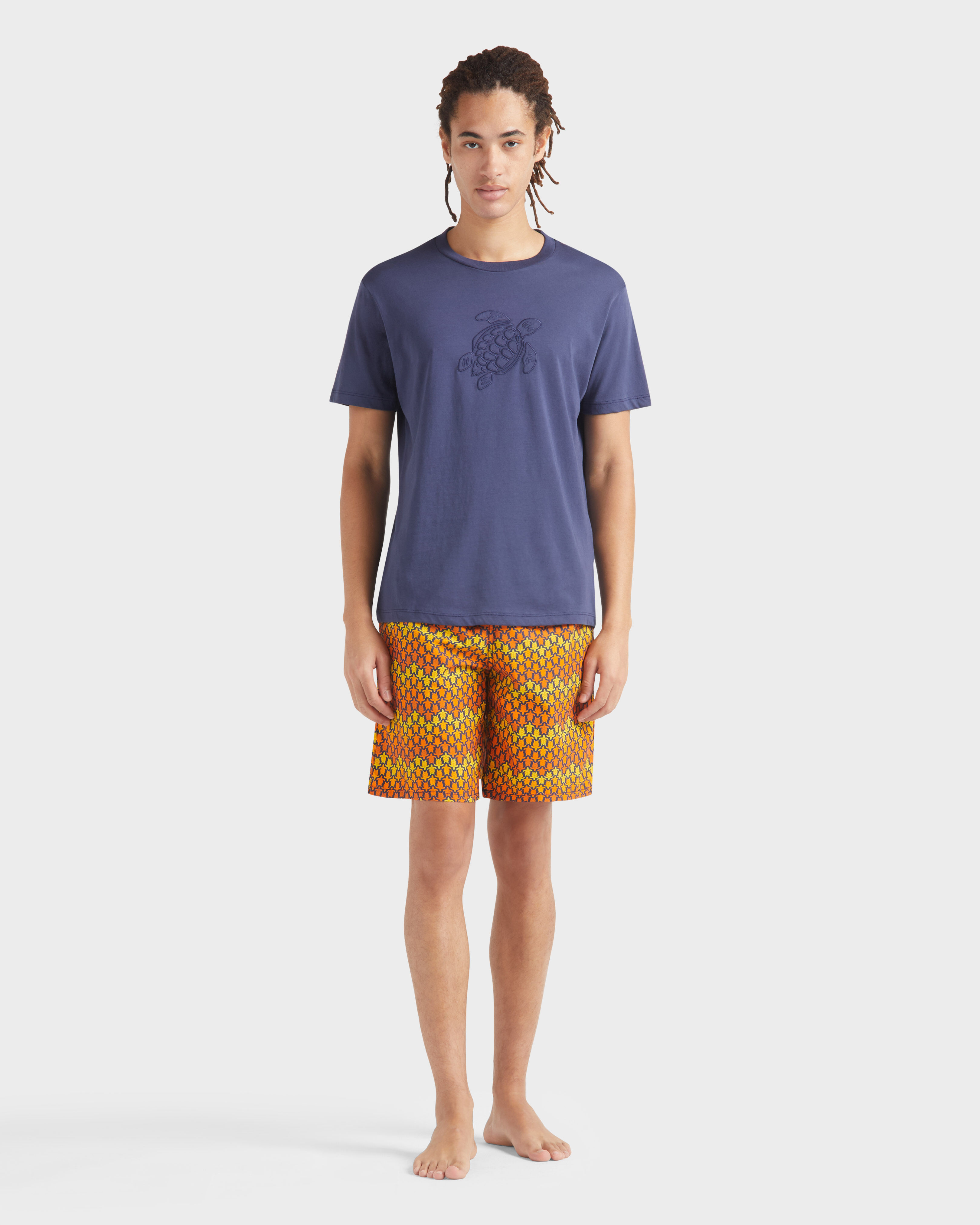 Men Cotton T-shirt Embroidered tone on tone Turtle NAVY frontworn view