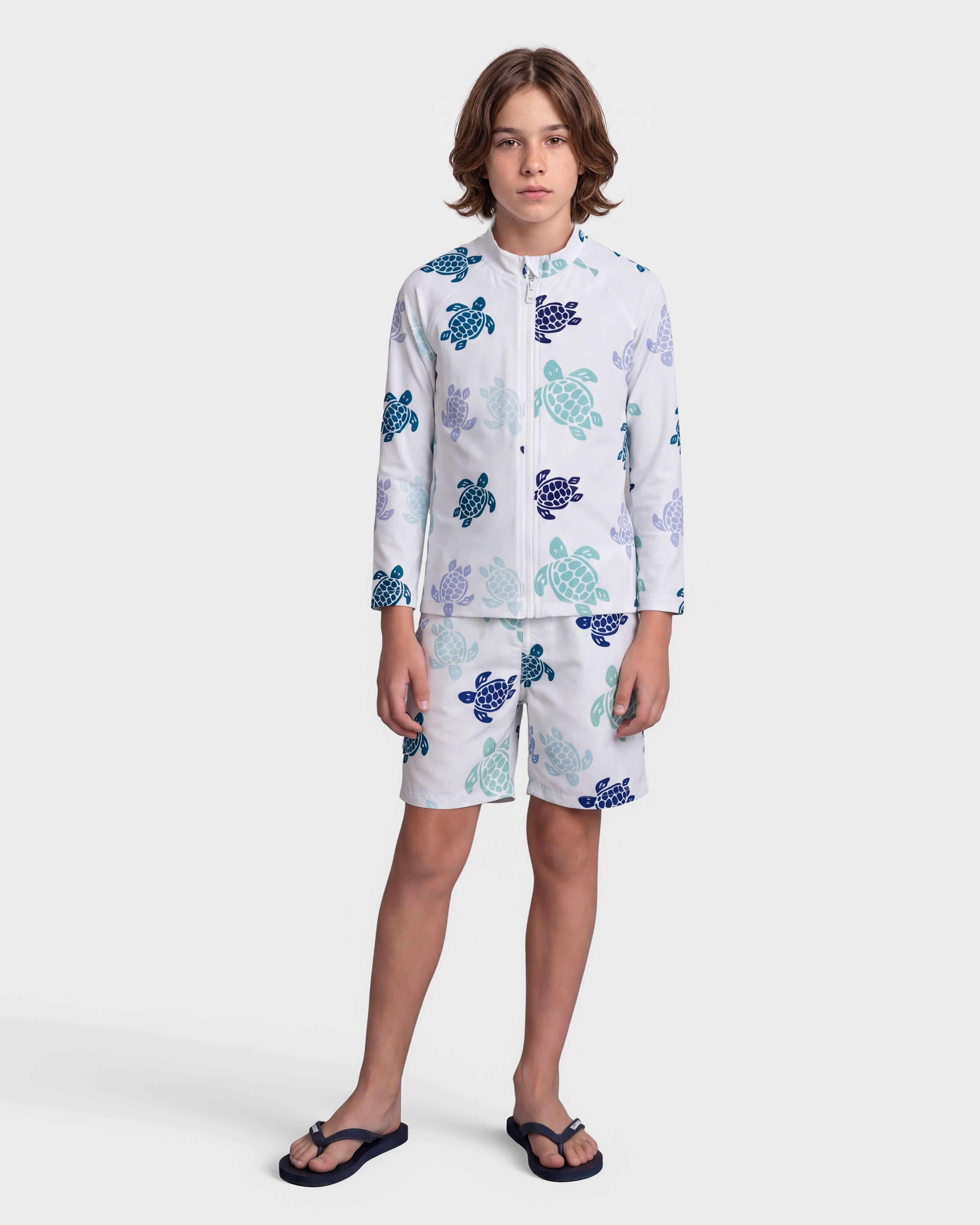 Boys Zipped Long Sleeves Rashguard Tortues Multicolores WHITE frontworn view