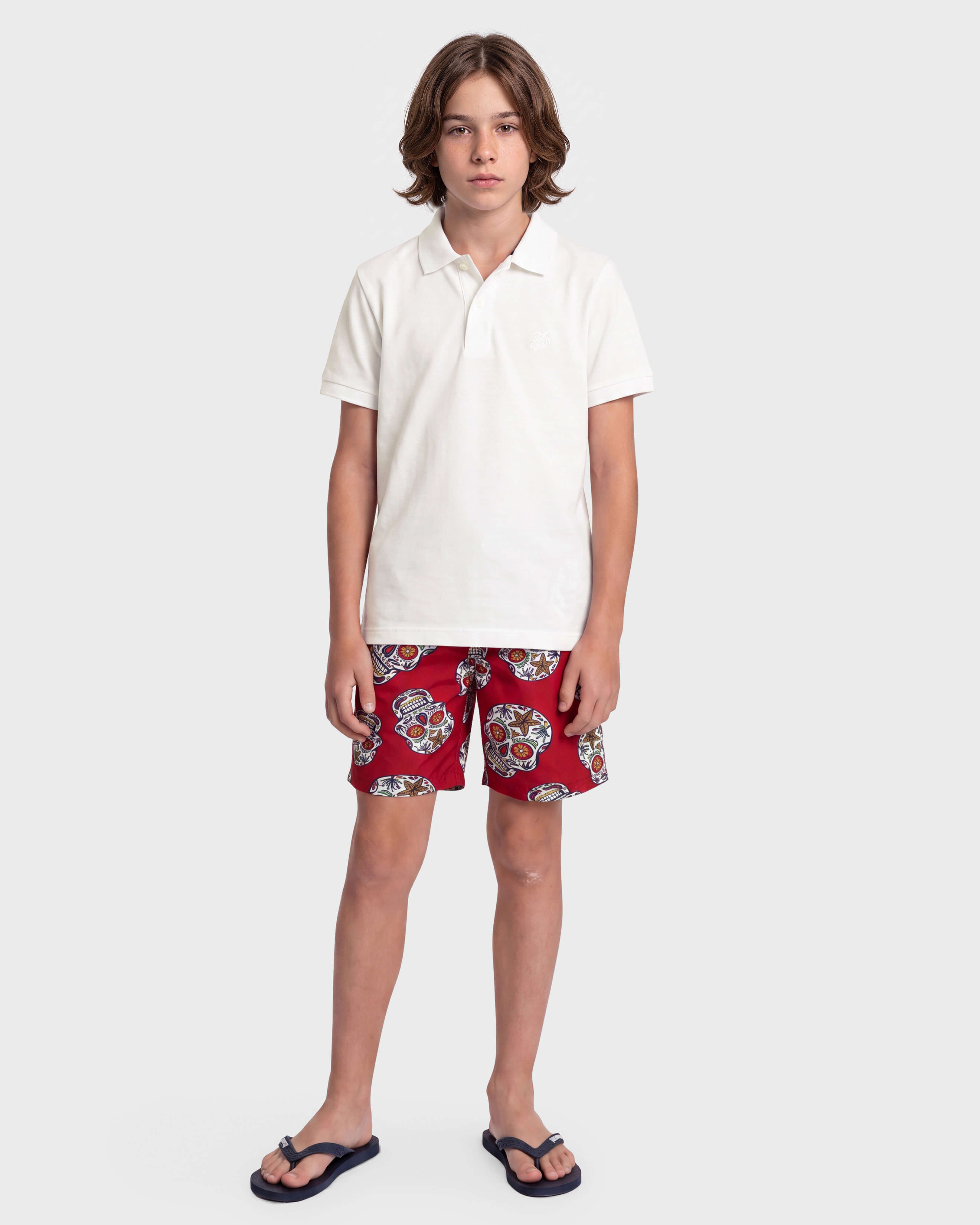 Boys Changing Cotton Pique Polo Shirt Solid WHITE frontworn view