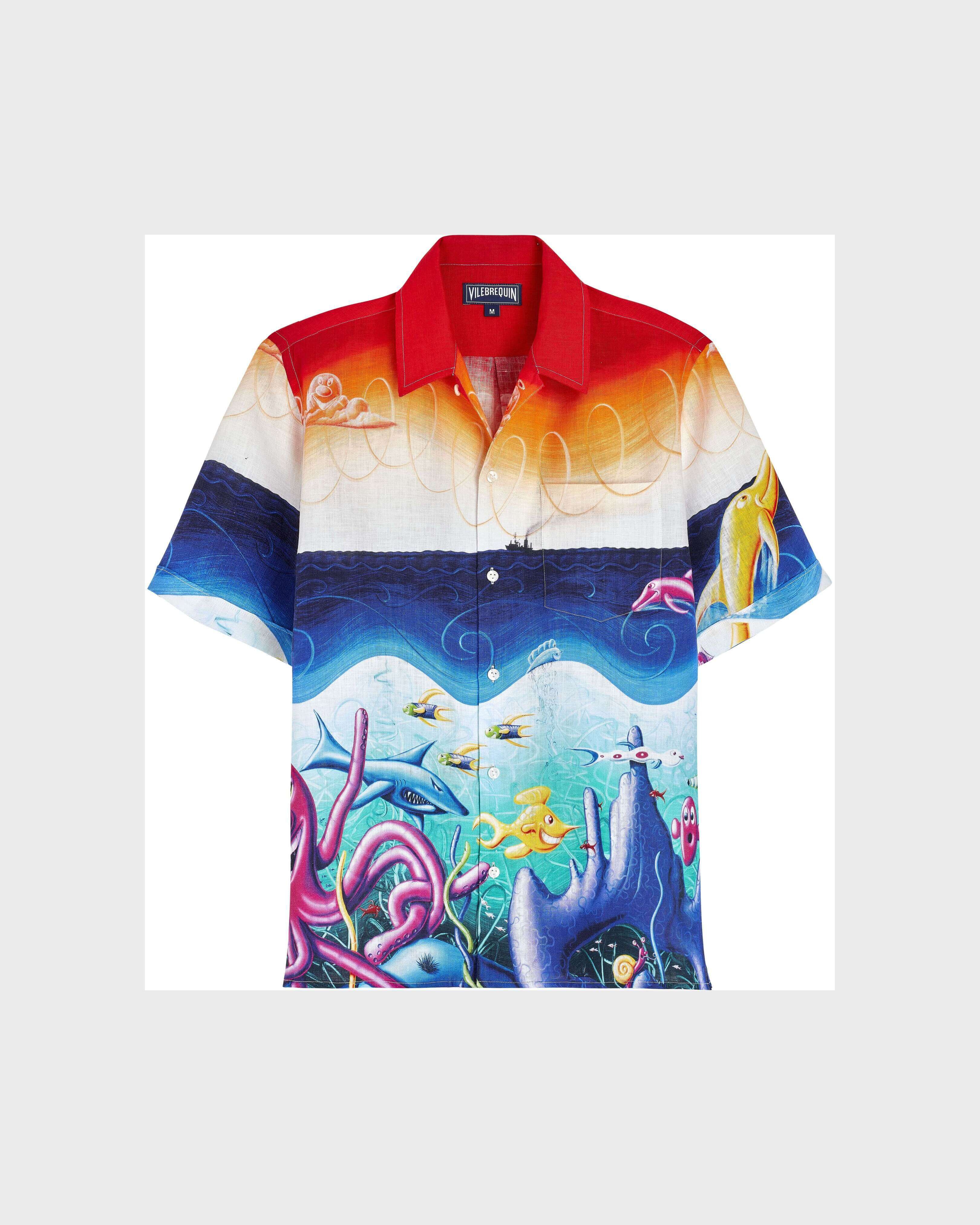 Camisa de bolos de lino con estampado Mareviva para hombre - Vilebrequin x Kenny Scharf MULTICOLORES front view