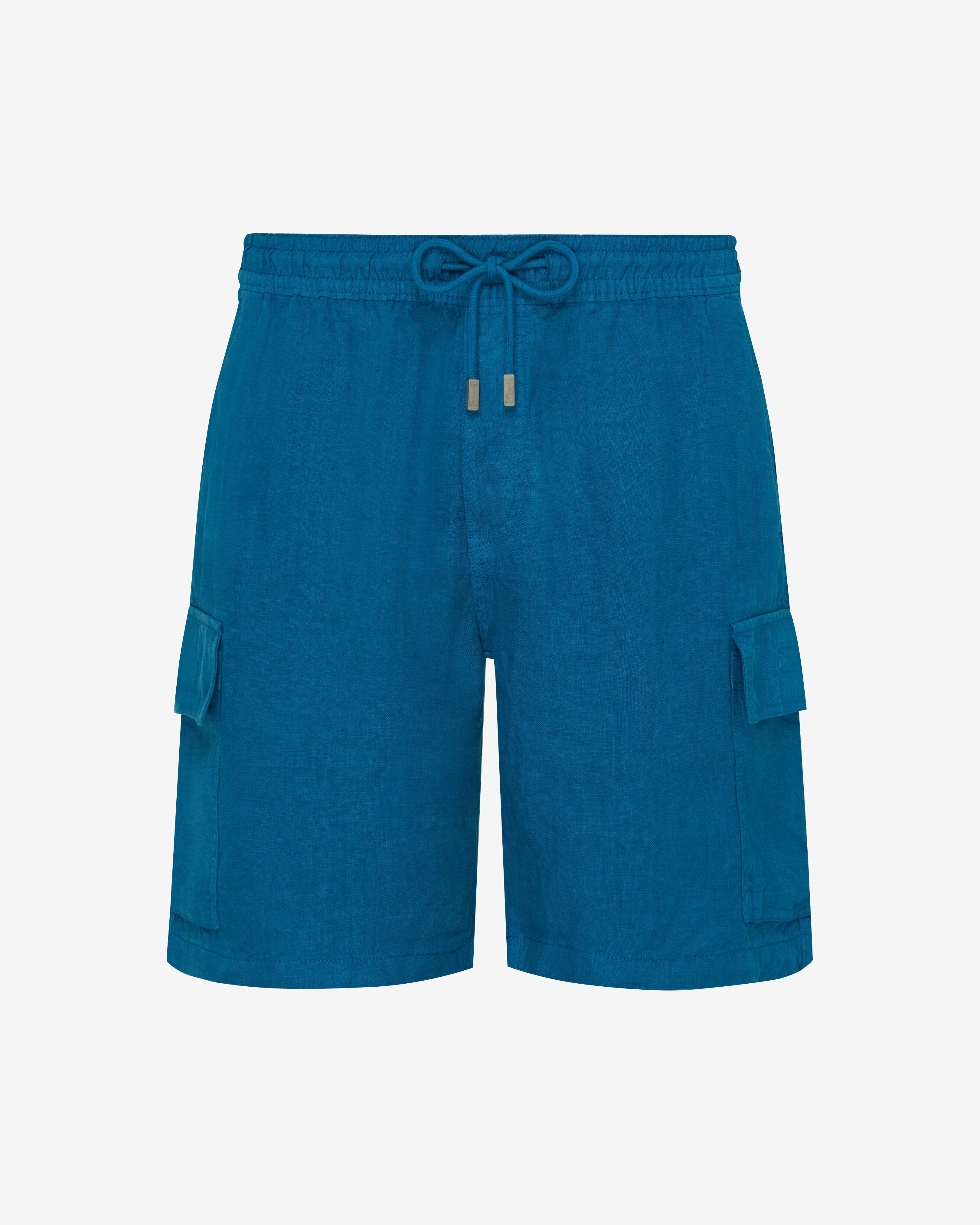 Men Linen Bermuda Shorts Cargo Pockets PEACOCK front view