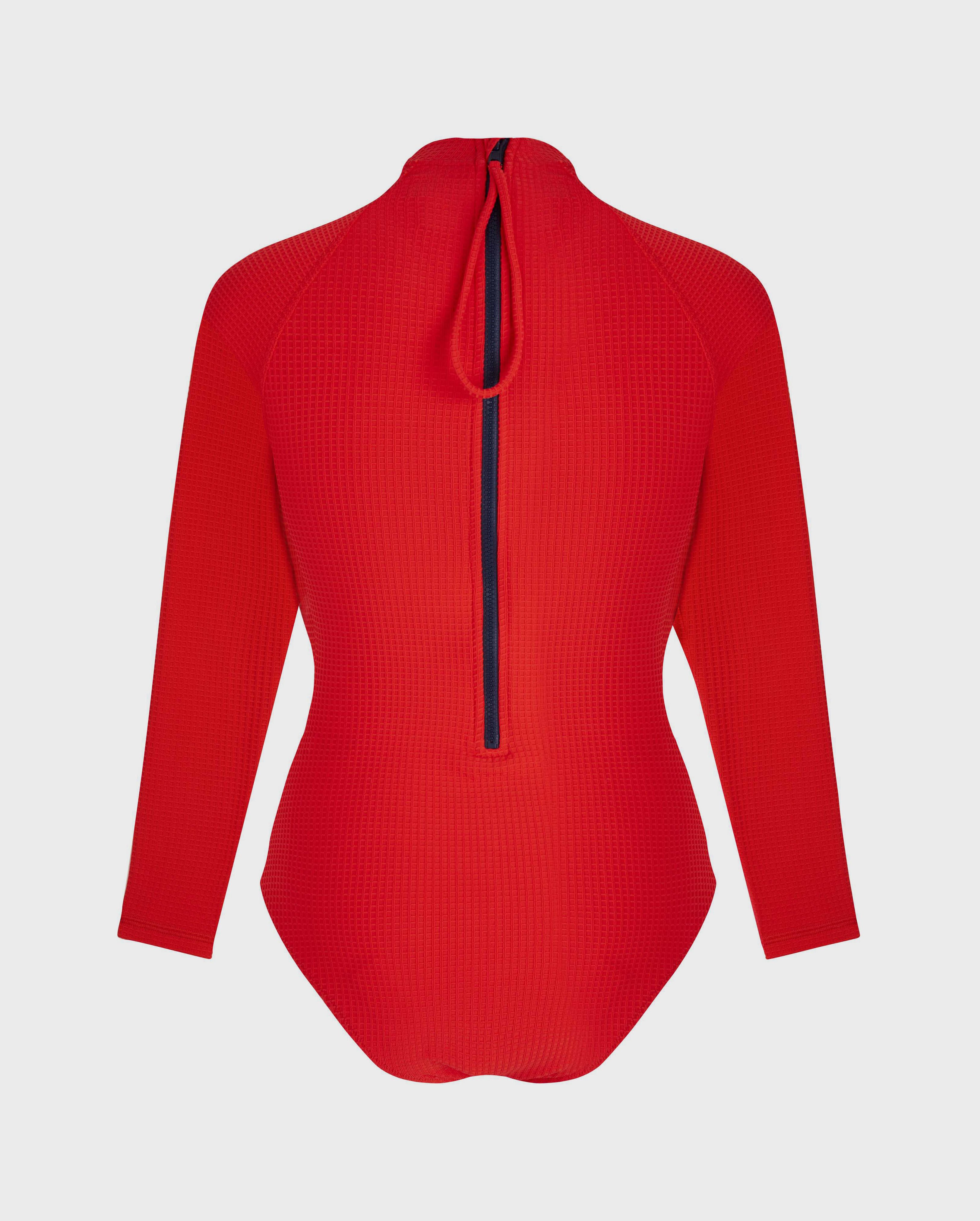 Women UV Protection One-Piece Rashguard Jacquard Vichy POPPY RED back view