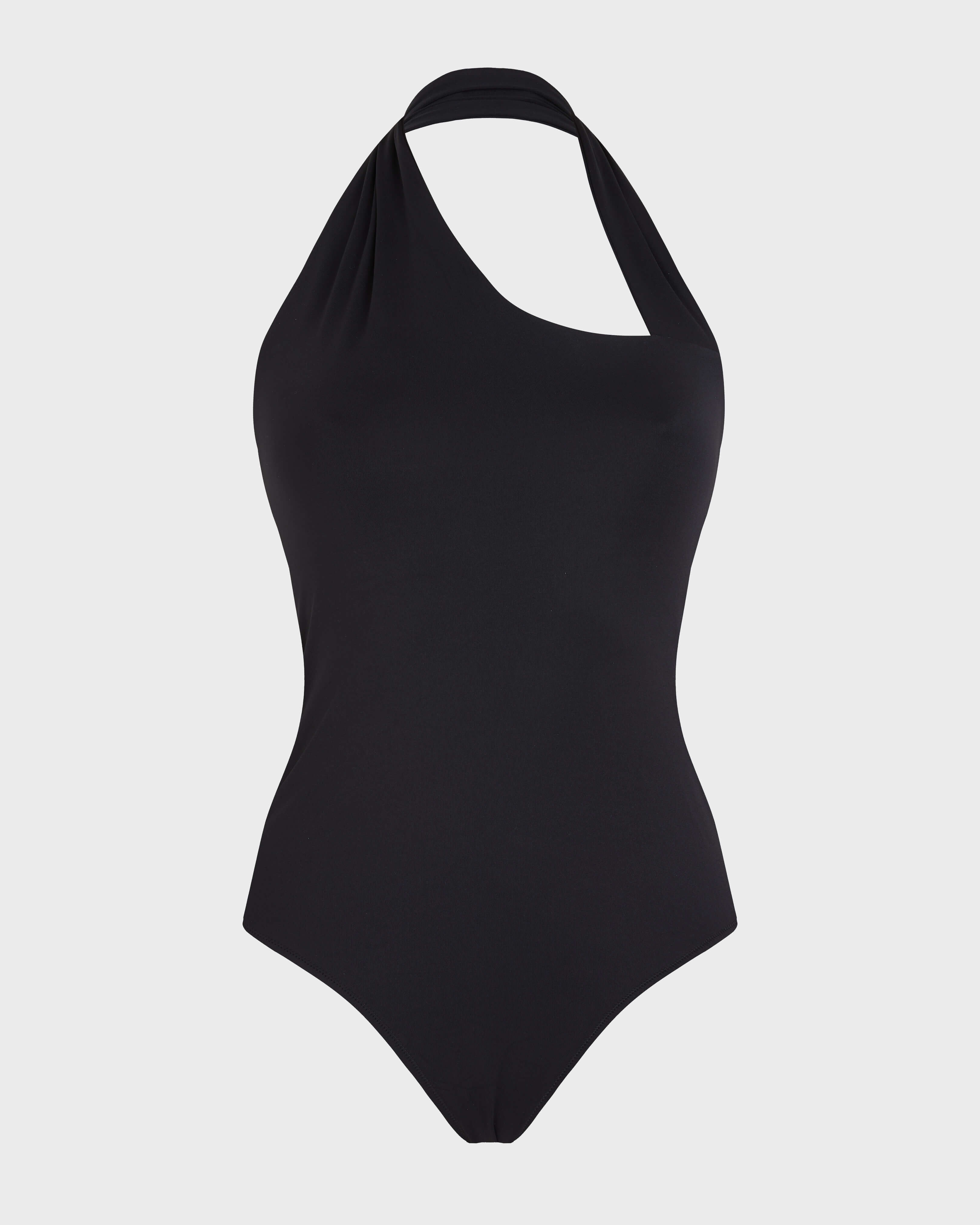 Costume intero donna con grafica sulla scollatura tinta unita NERO front view