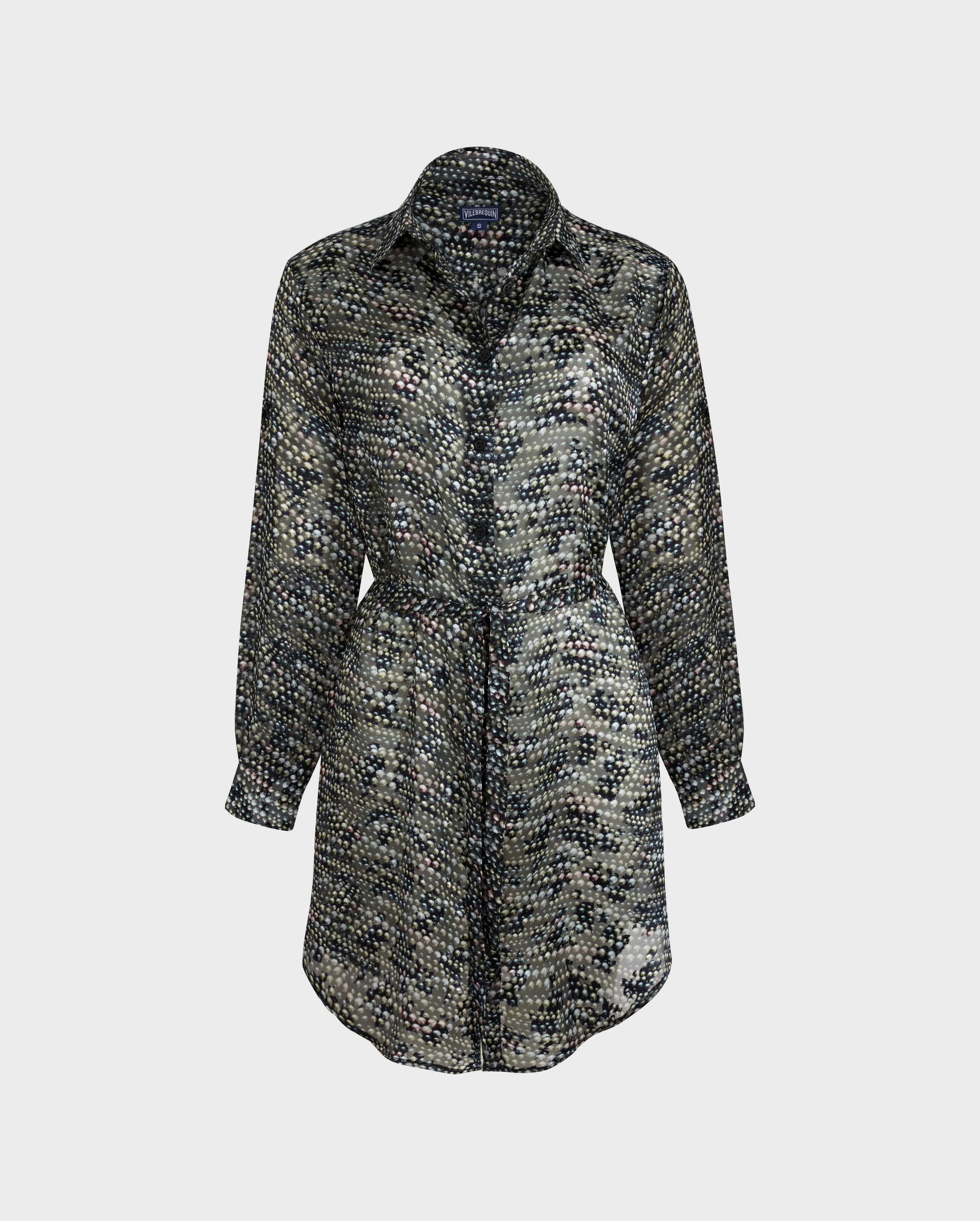 Women Silk Shirt Dress Pearl BLACK front view