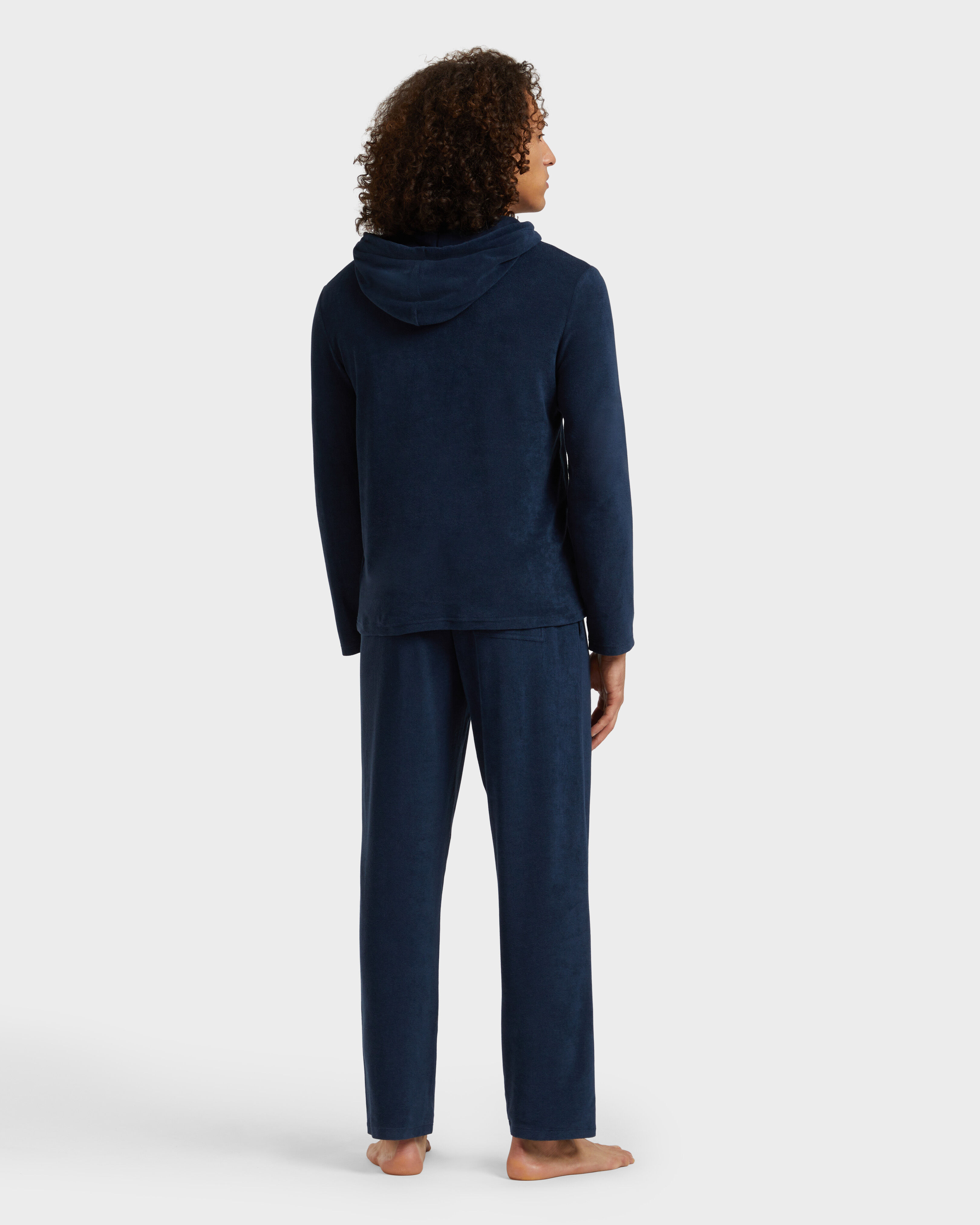 Men Terry Long-sleeves Hooded T-shirt NAVY backworn view