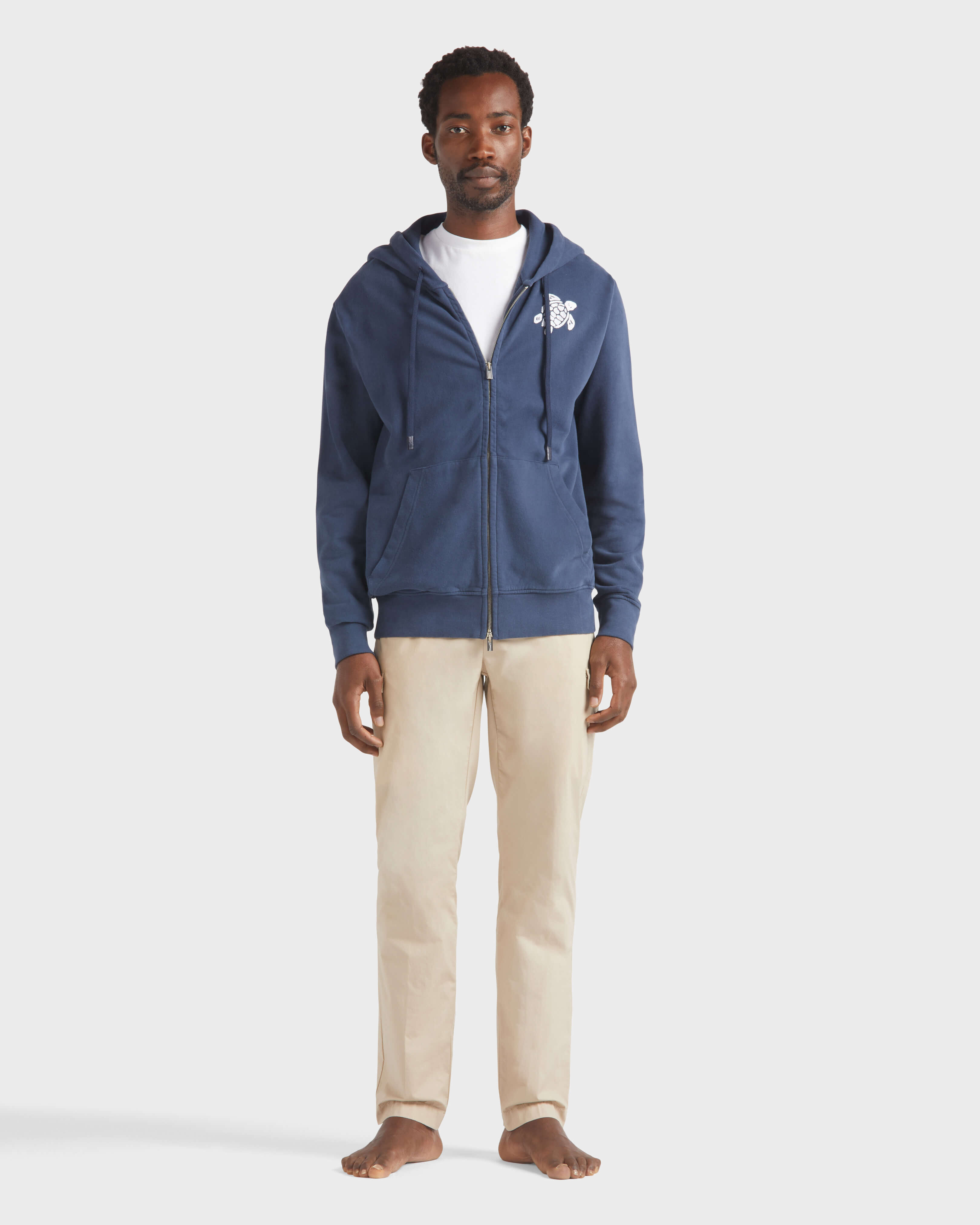 Men Cotton Full Zip Cardigan Turtle NAVY frontworn view