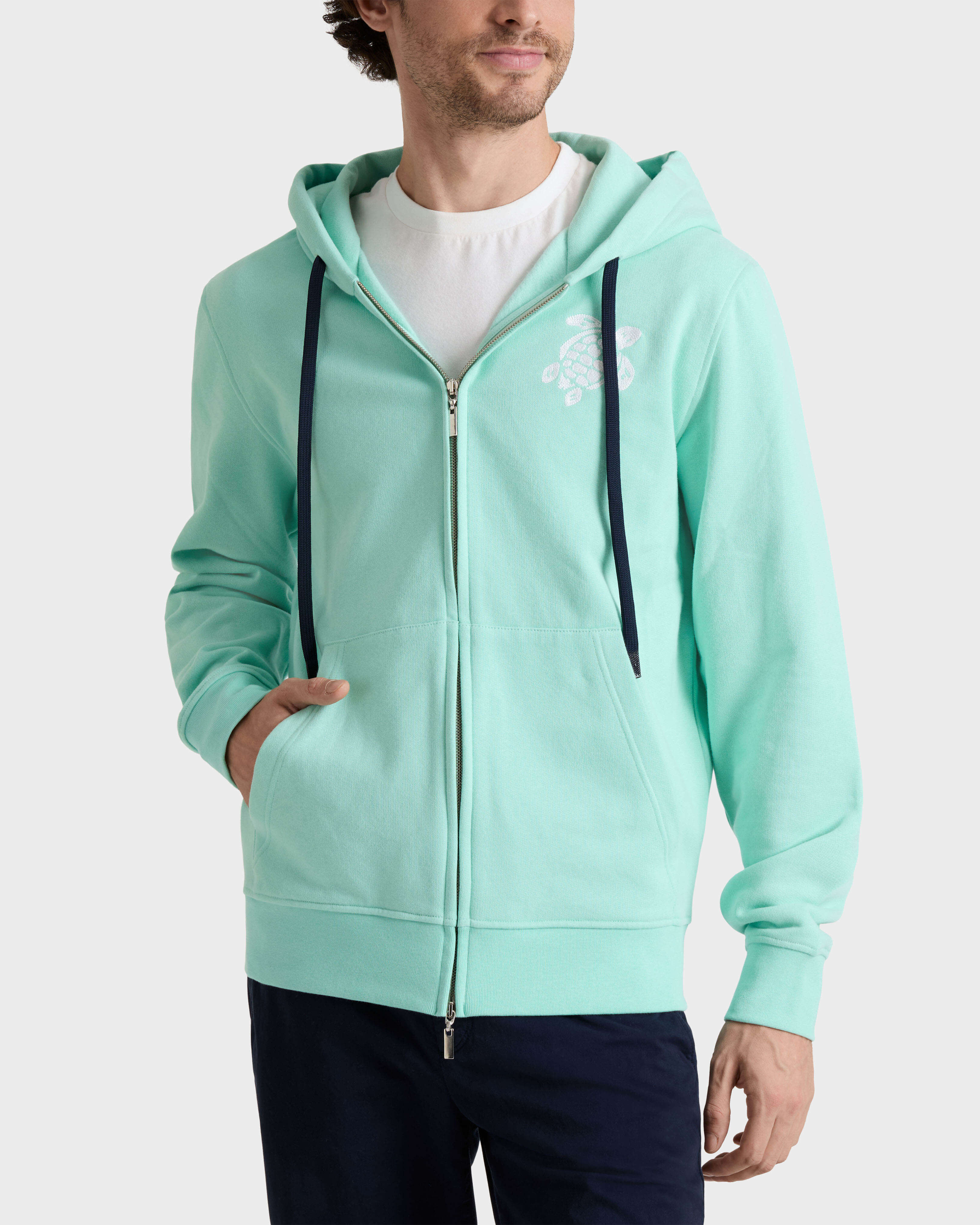 Cárdigan de algodón con cremallera integral y bordado Big Turtle para hombre CARIBBEAN frontworn view