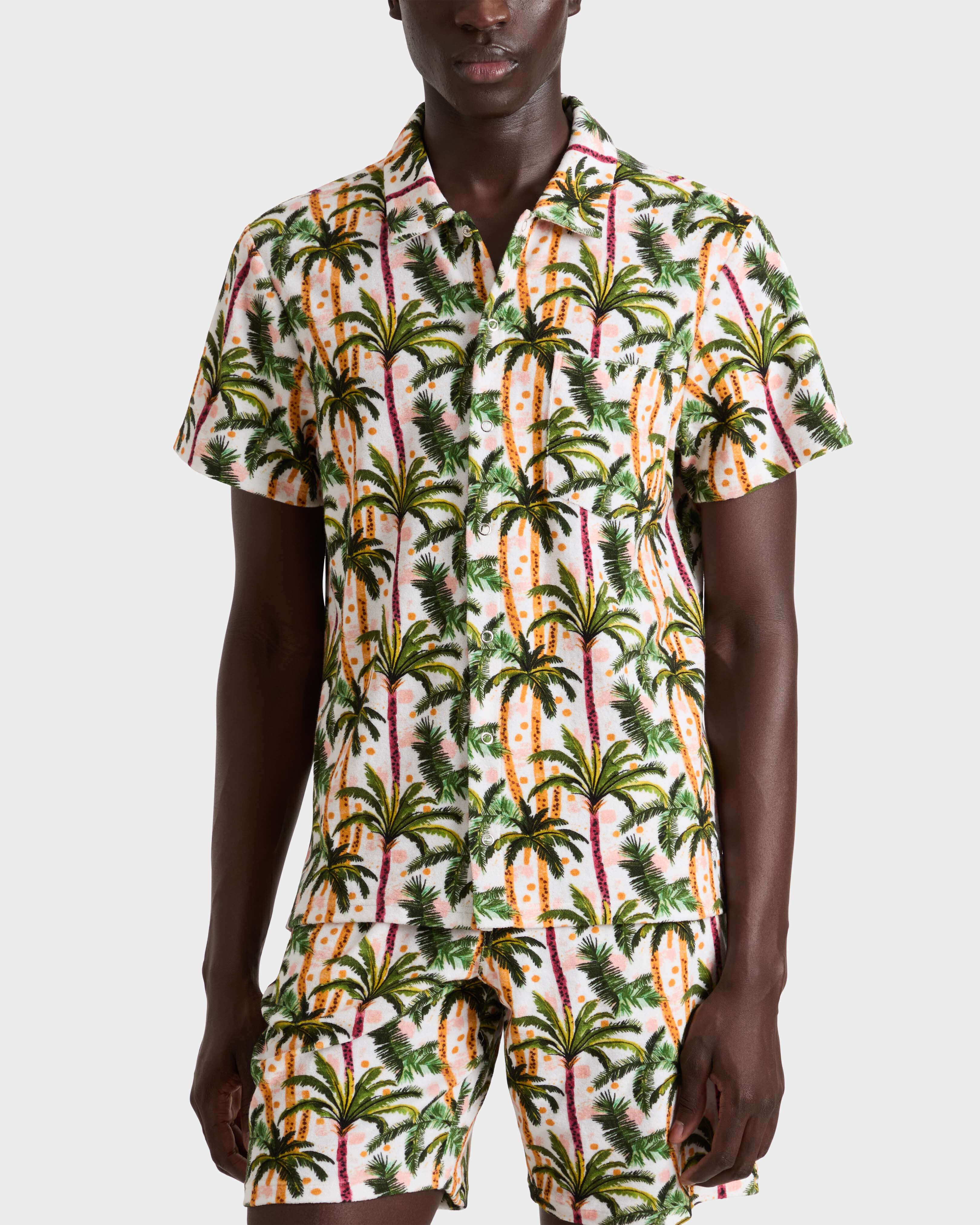 Men Terry Bowling Shirt Brazil Jungle WHITE frontworn view