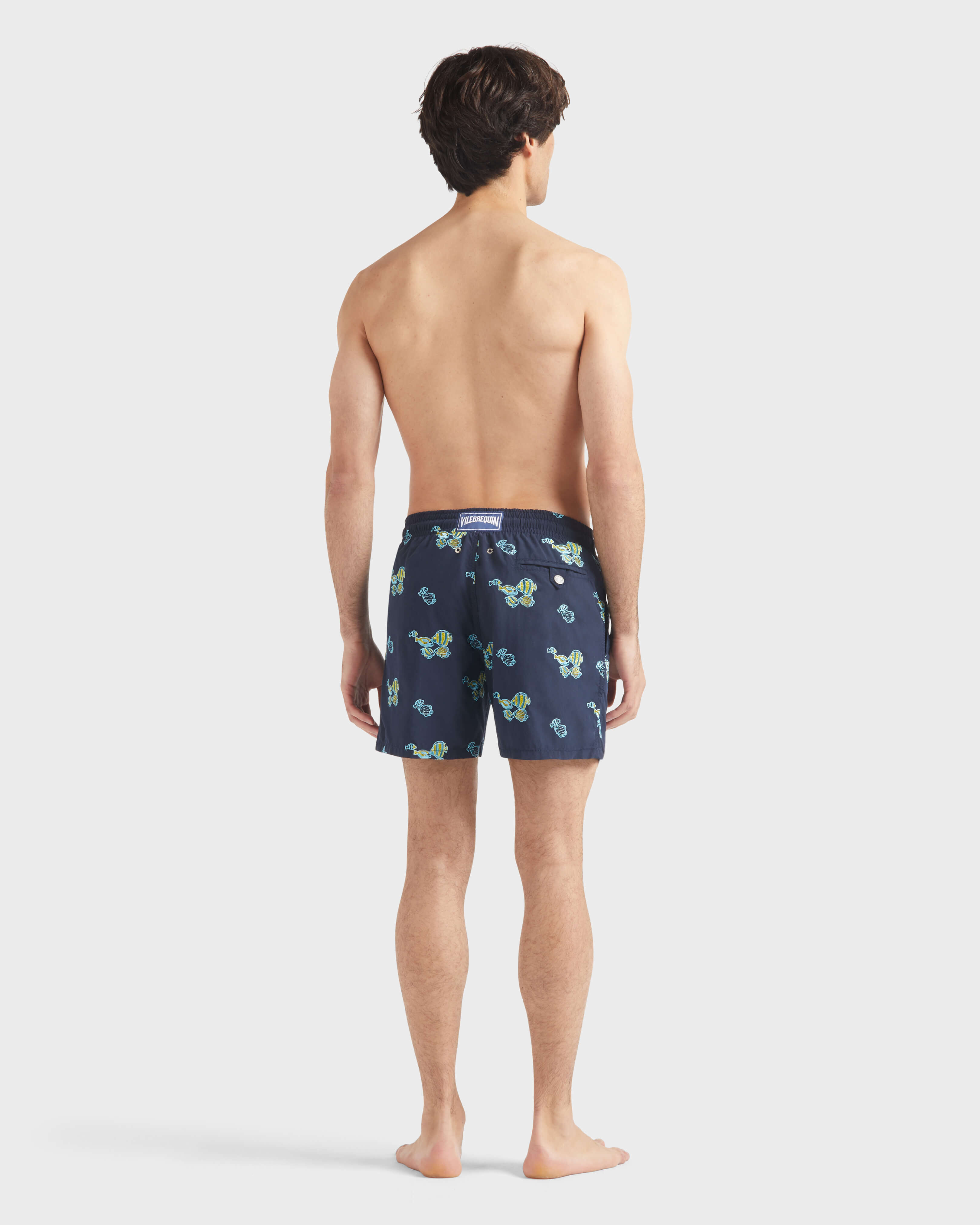 Men Swim trunks Embroidered Fishy Vibes NAVY backworn view