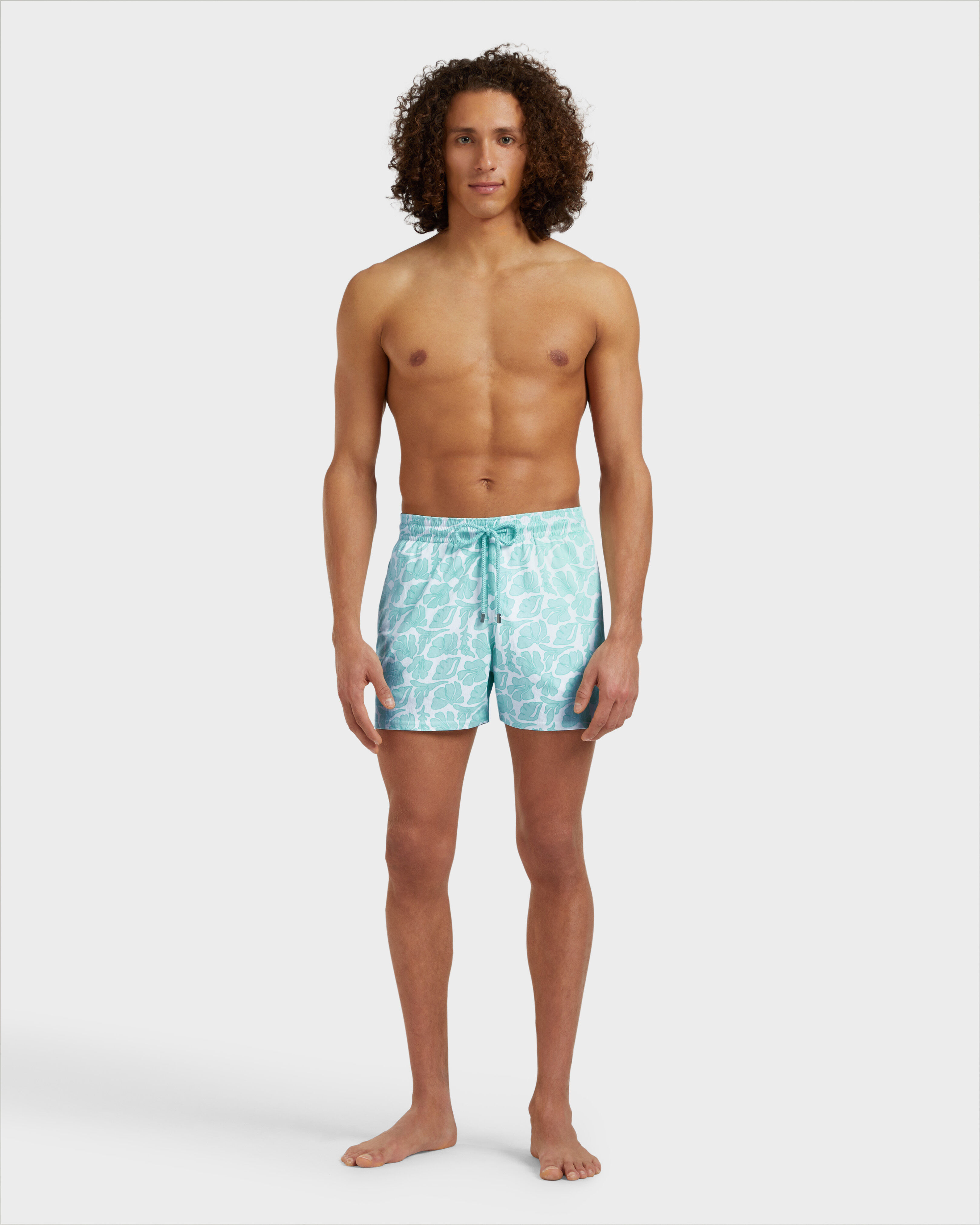 Men Stretch Short Swim Shorts Seashells WHITE frontworn view
