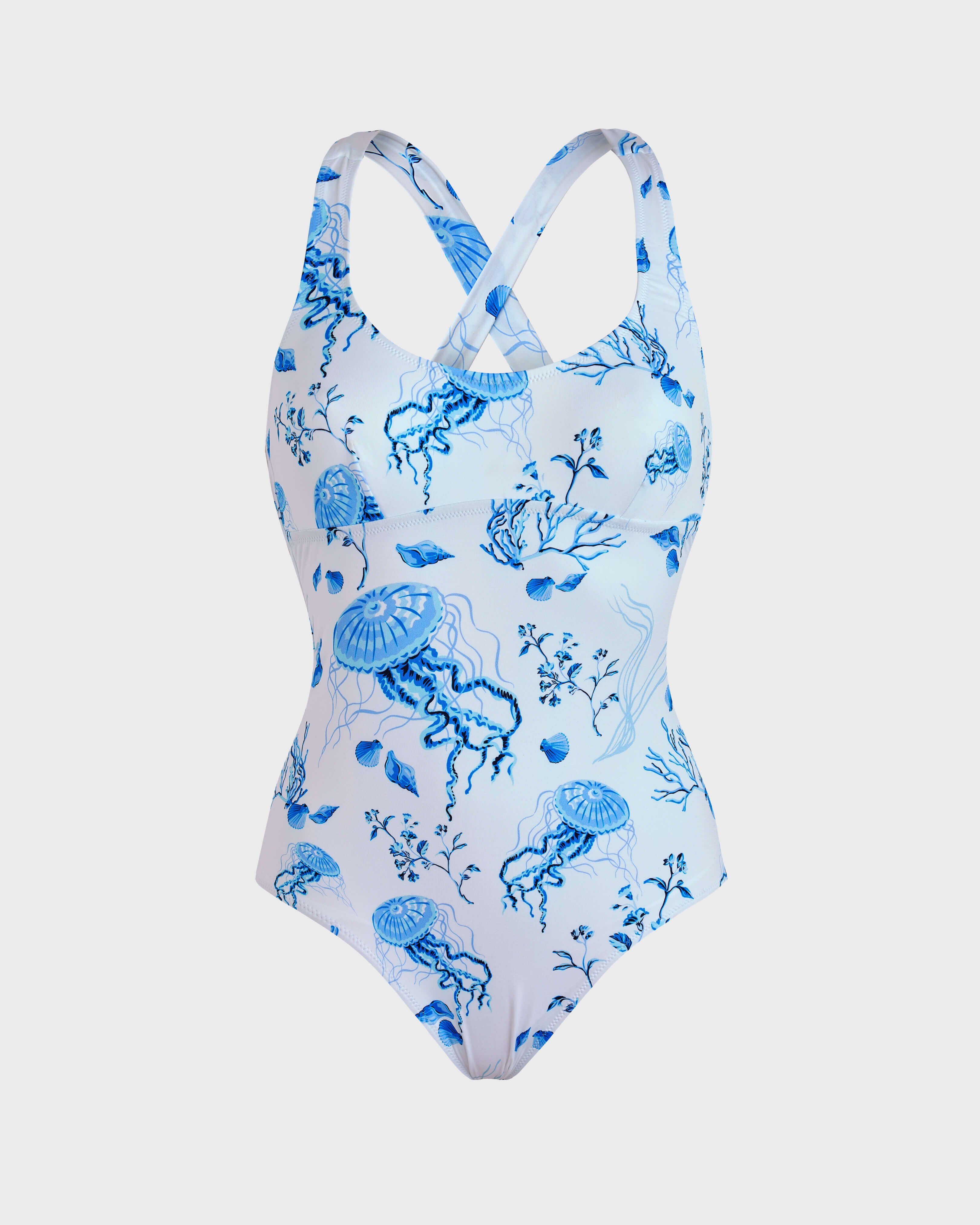 Women Crossed Back Straps One-piece Swimsuit Medusa and Shells WHITE front view