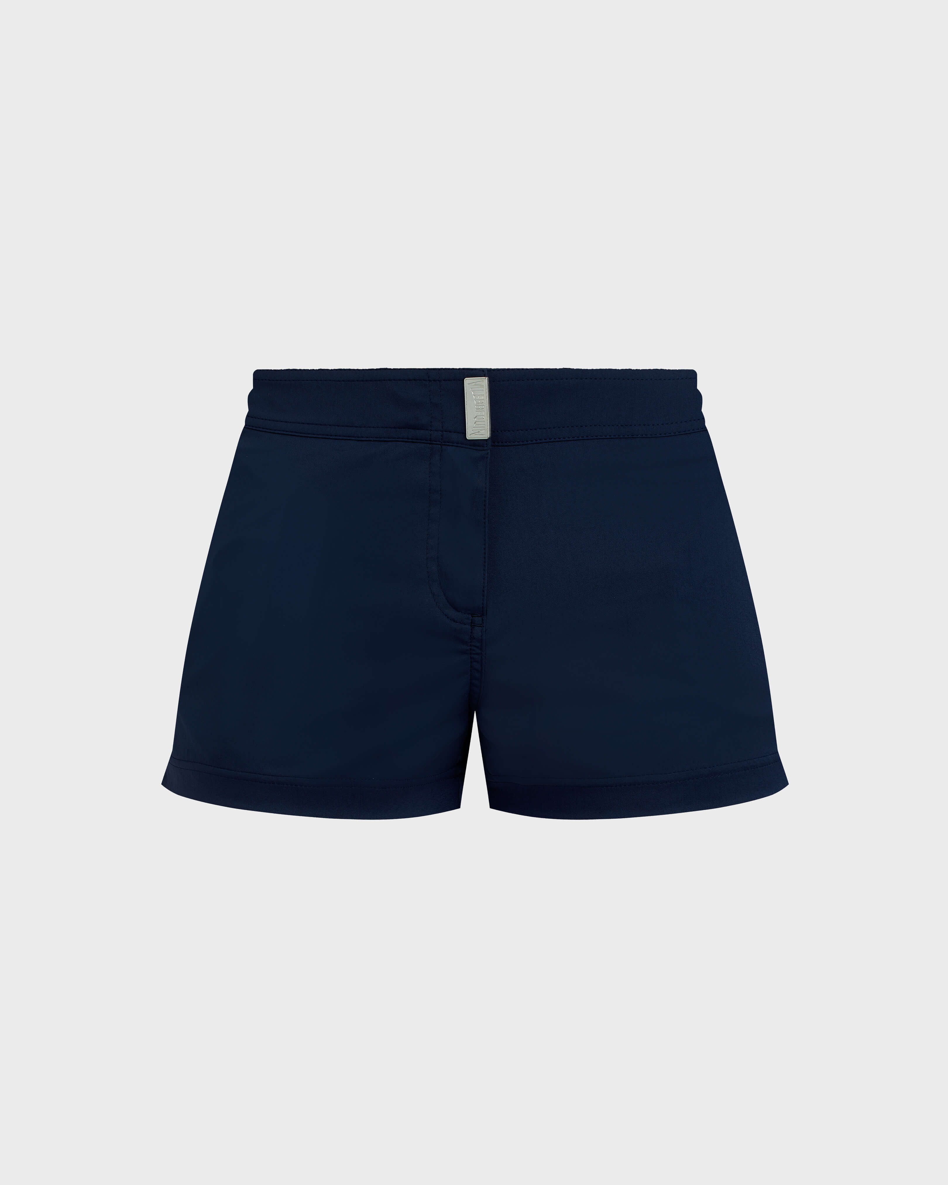 Women Flat Belt Swim Shorts Solid NAVY front view