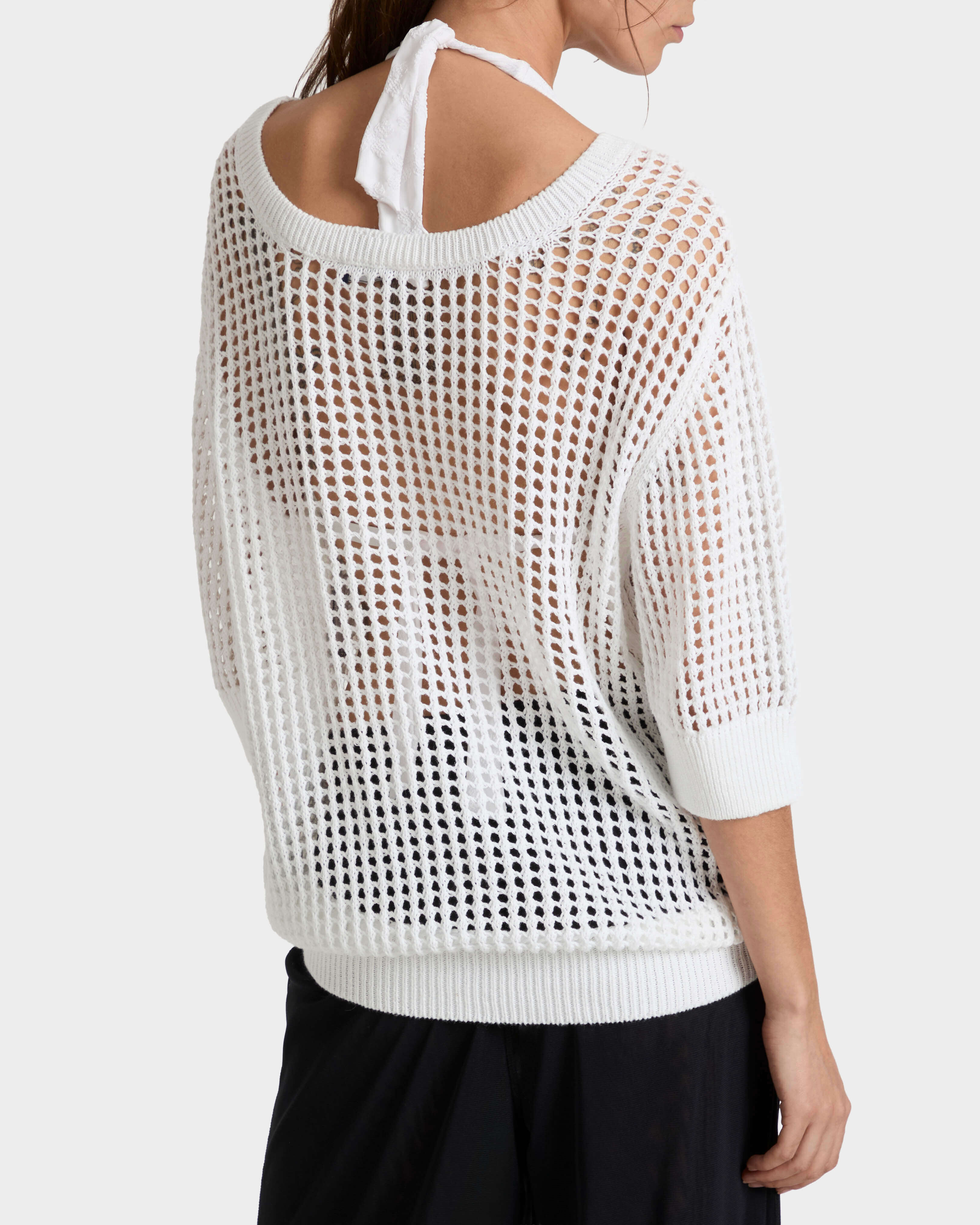 Jersey de ganchillo de color liso para mujer BLANCO backworn view