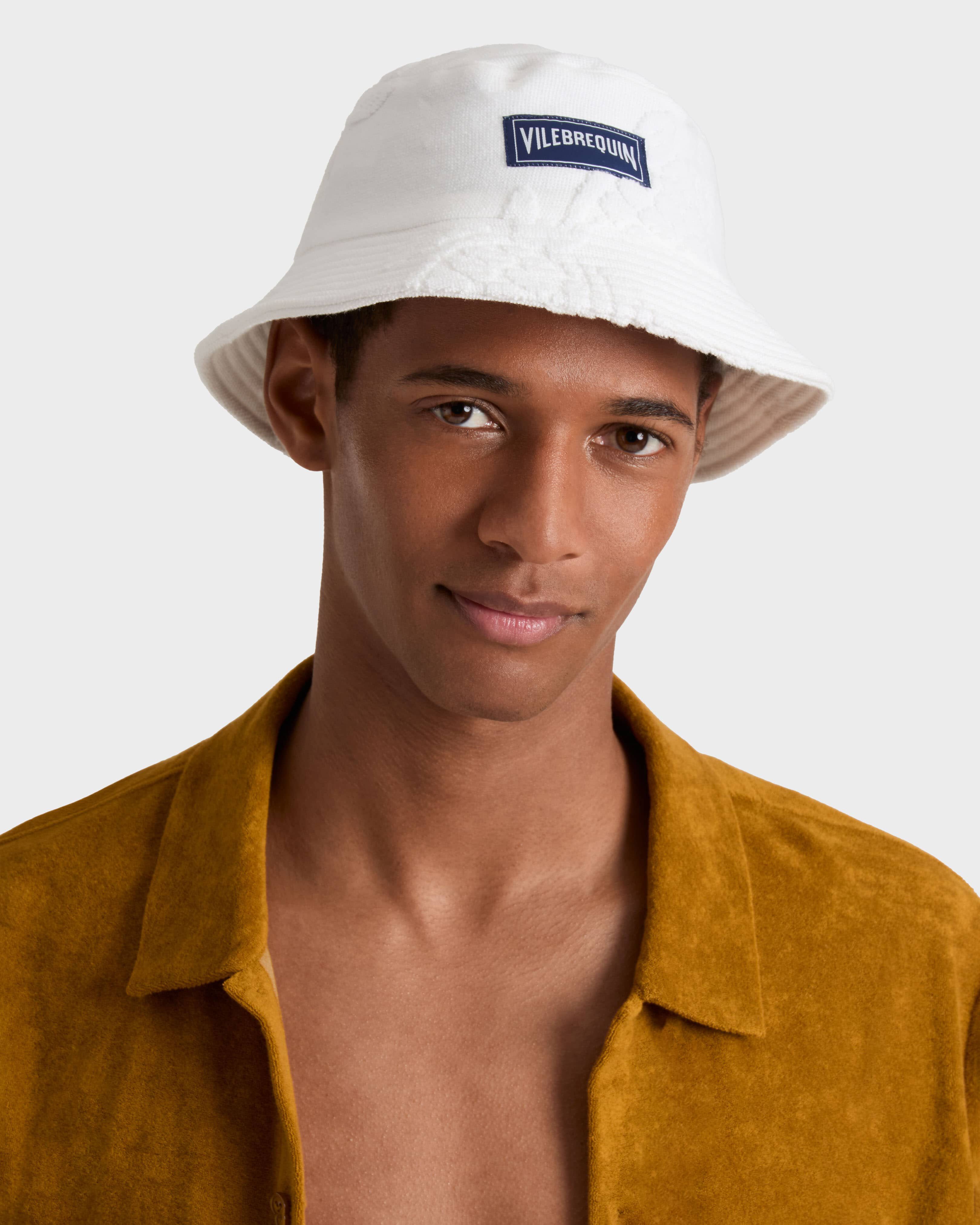 Terry Bucket Hat Turtle Jacquard WHITE frontworn view