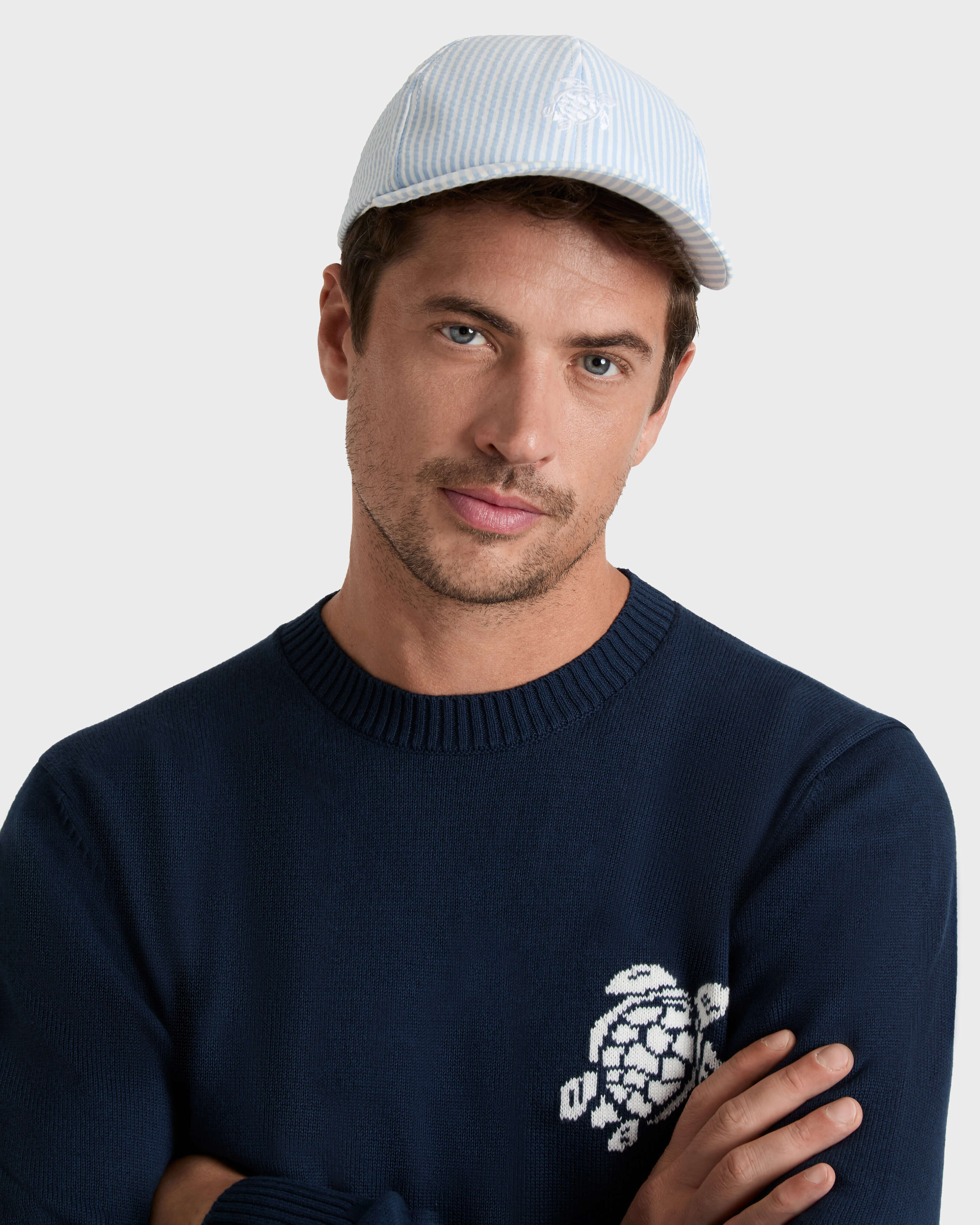 Striped Seersucker Kappe für Herren CLOUDY frontworn view