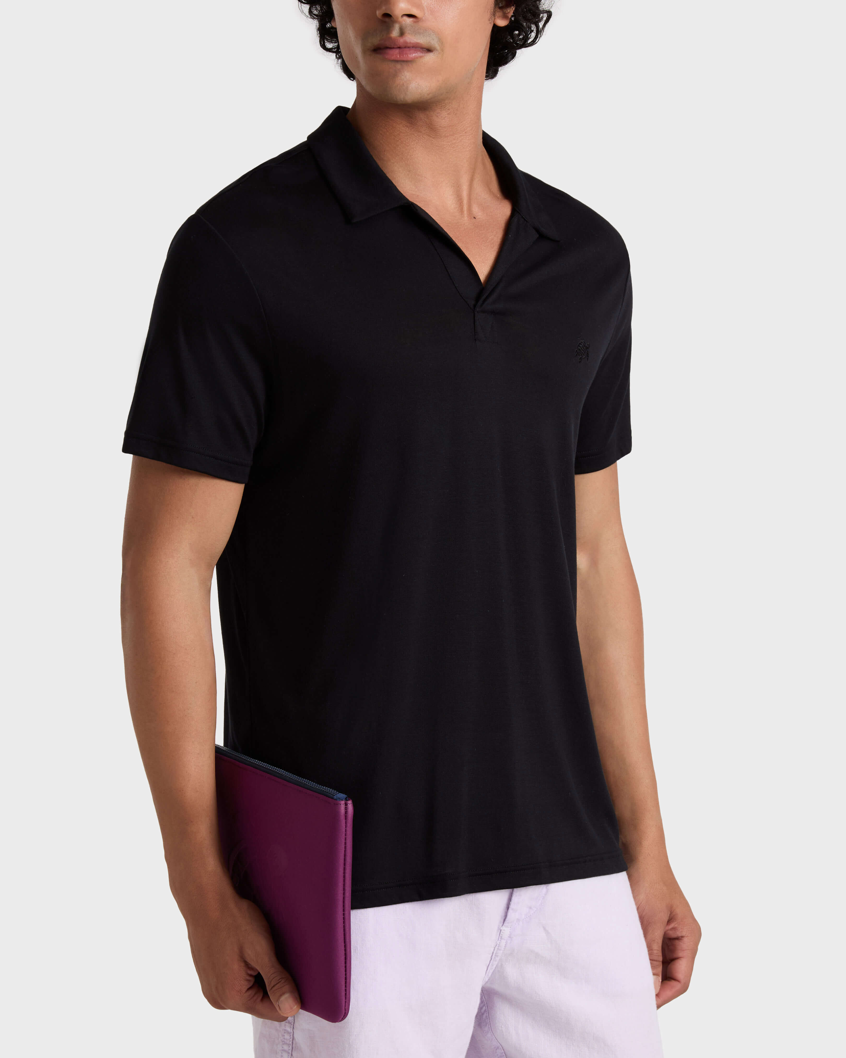 Men Tencel Polo Shirt Solid BLACK frontworn view