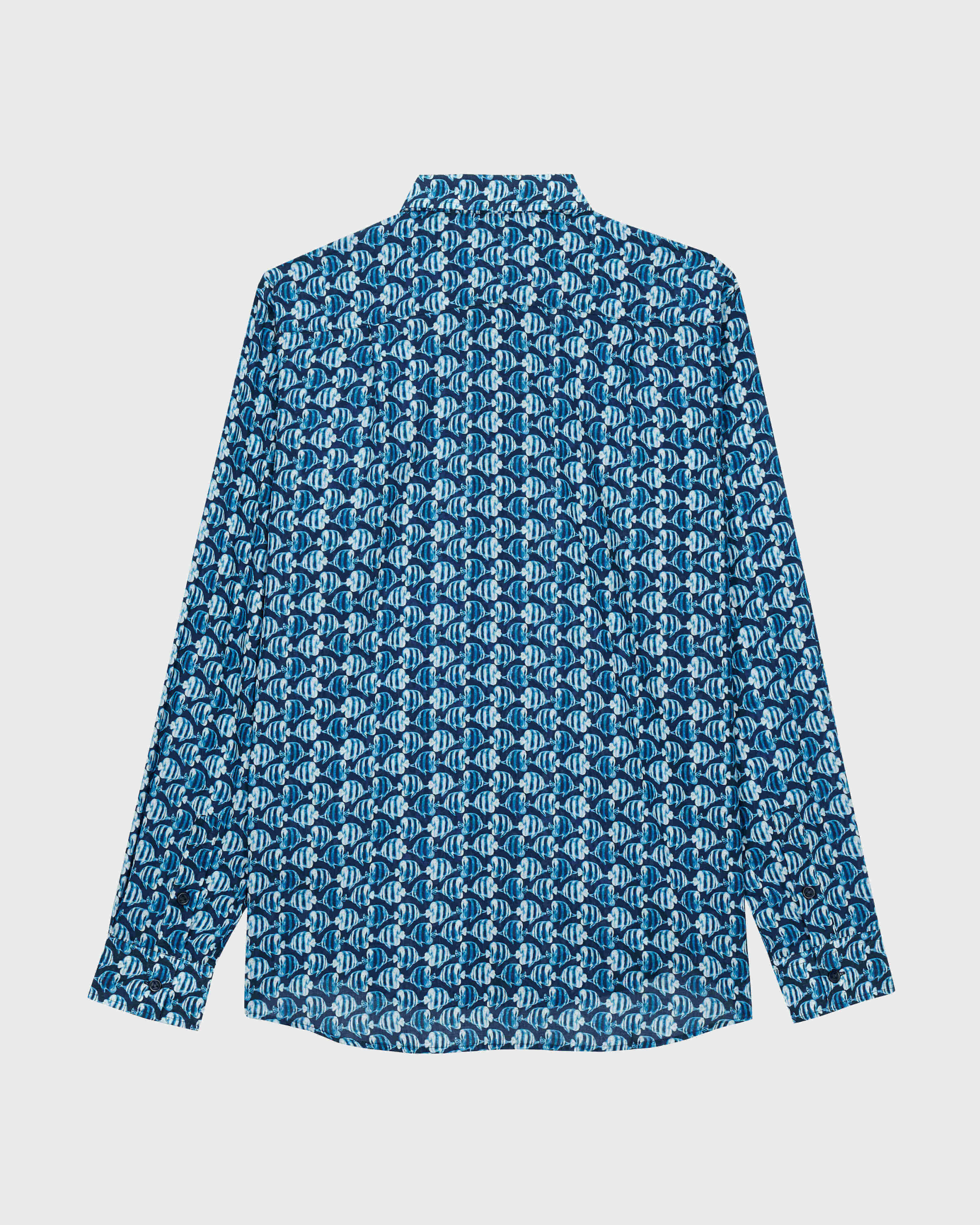 Chemise légère unisexe en voile de coton Batik Fishes BLEU MARINE back view