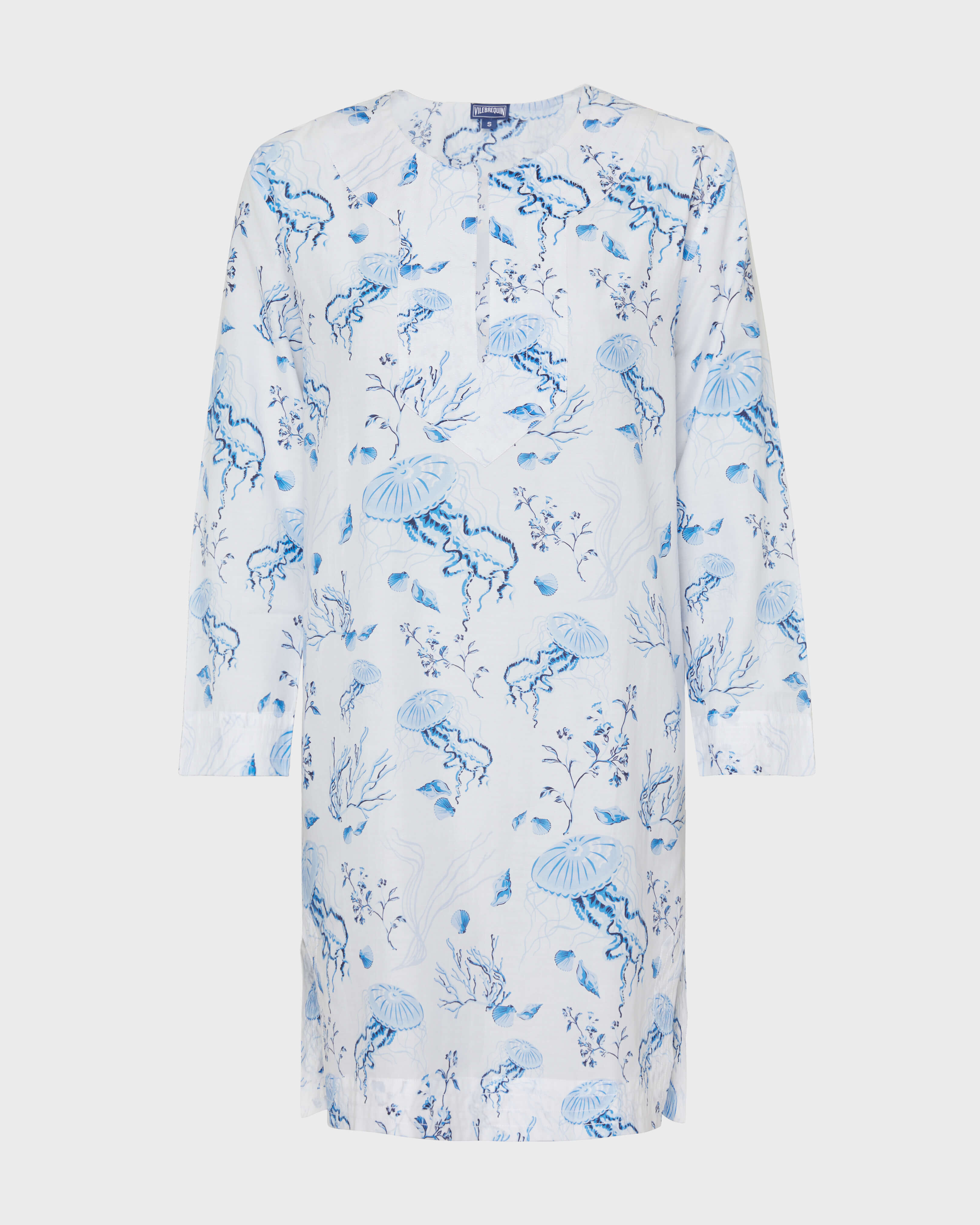 Women Cotton and Silk Kaftan Medusa and Shells WHITE front view