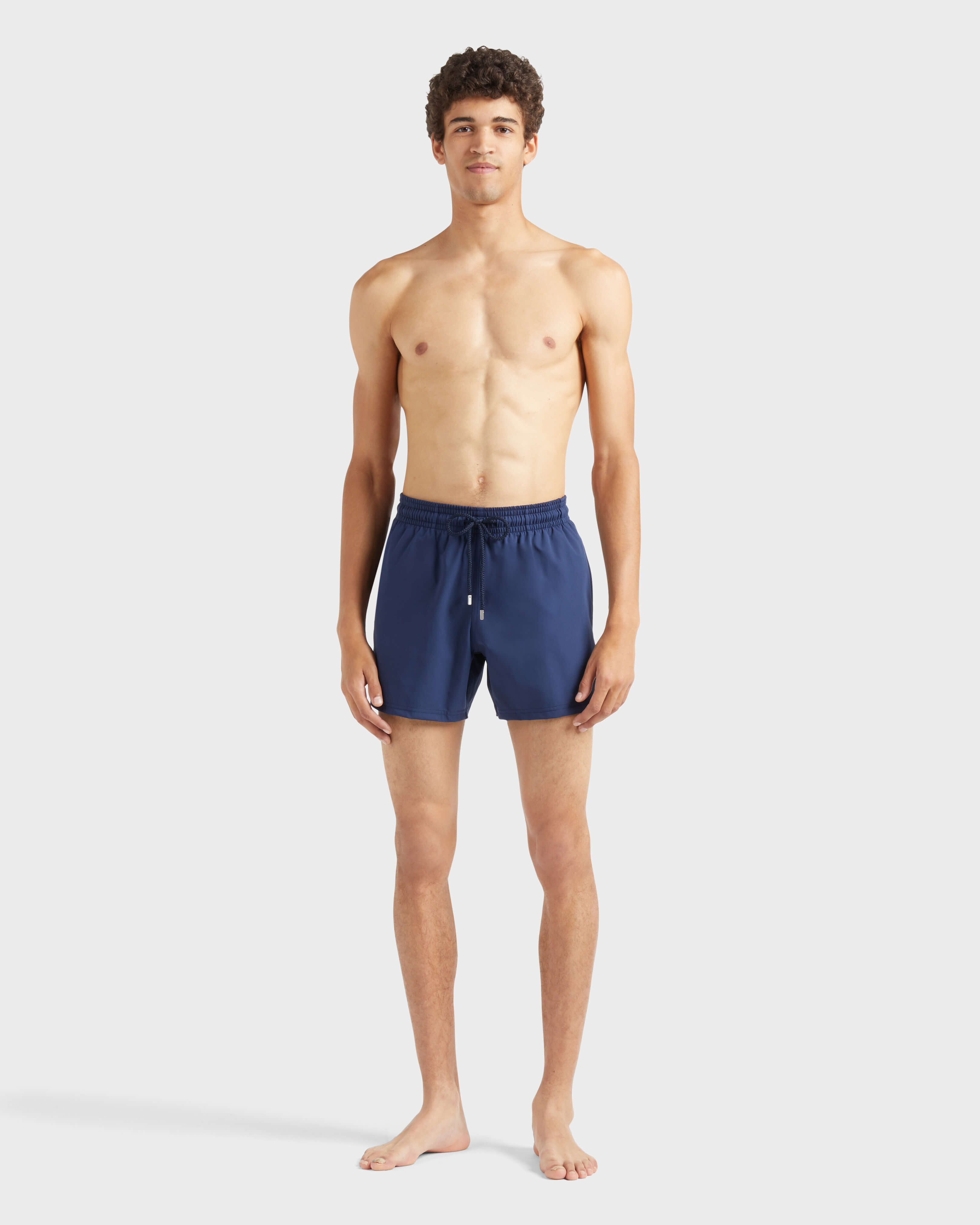Men Stretch Short Swim trunks Solid NAVY frontworn view