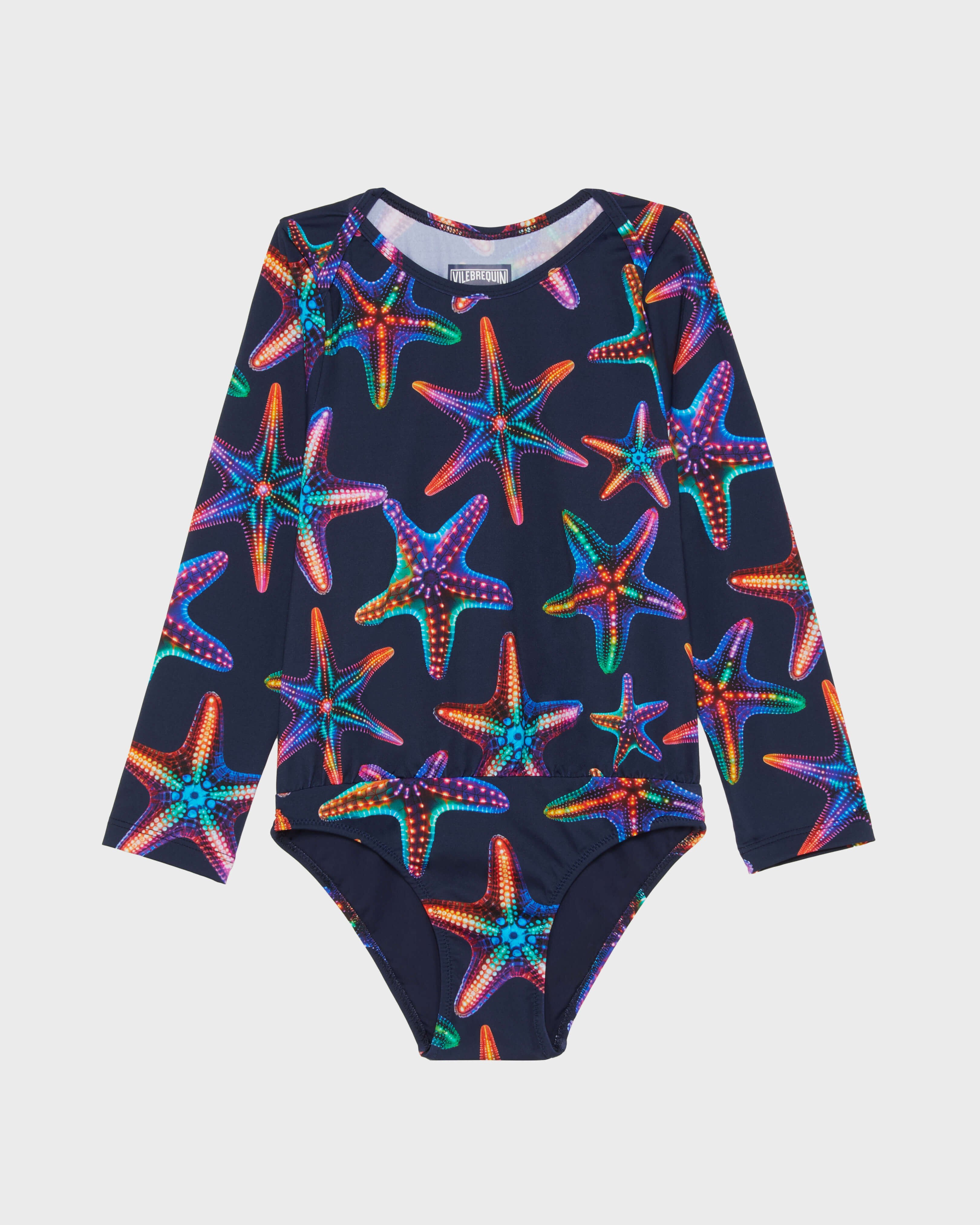 Girls One-piece Swimsuit Rashguard Disco Stars NAVY front view