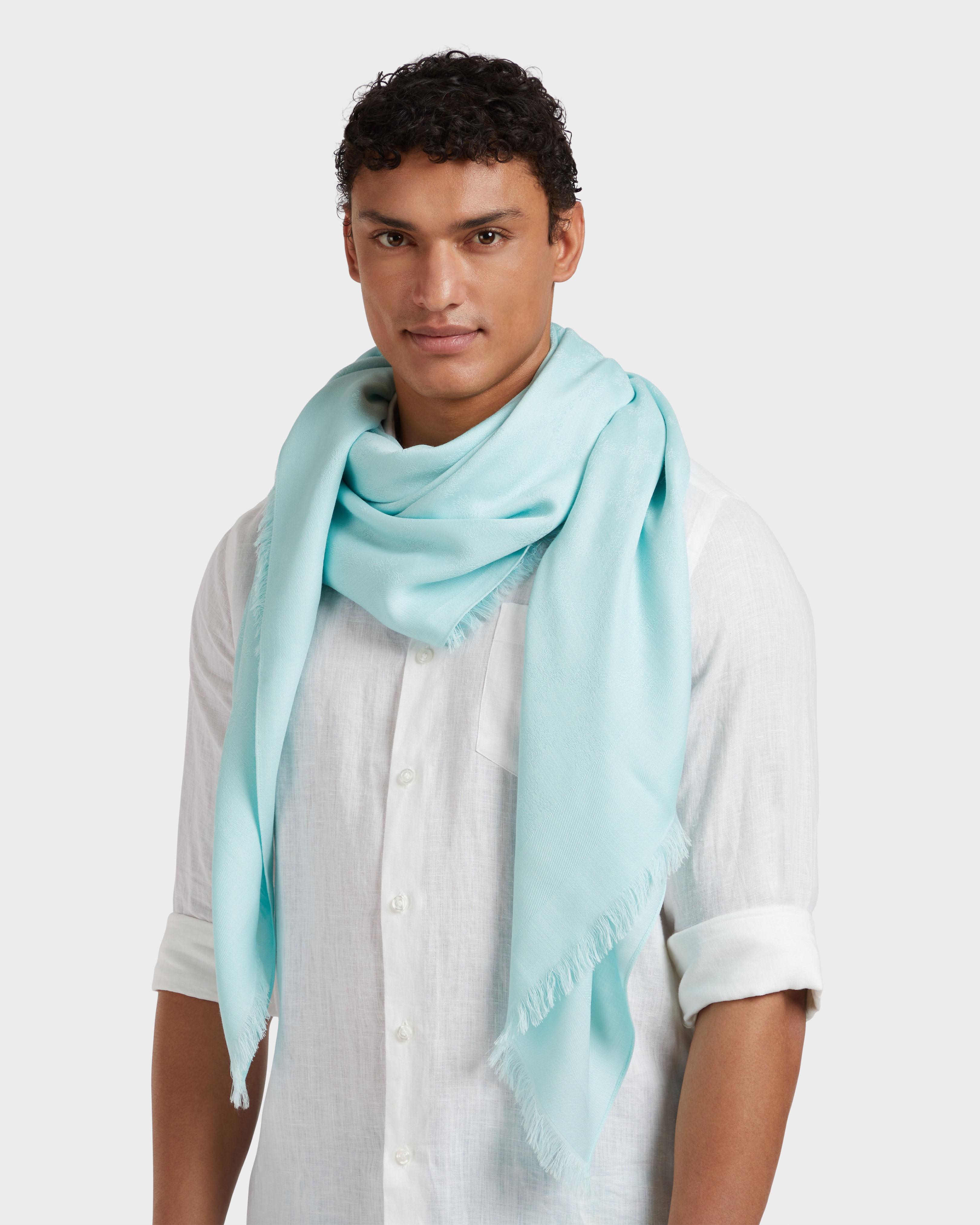 Turtle Monogram Scarf PACIFIC frontworn view