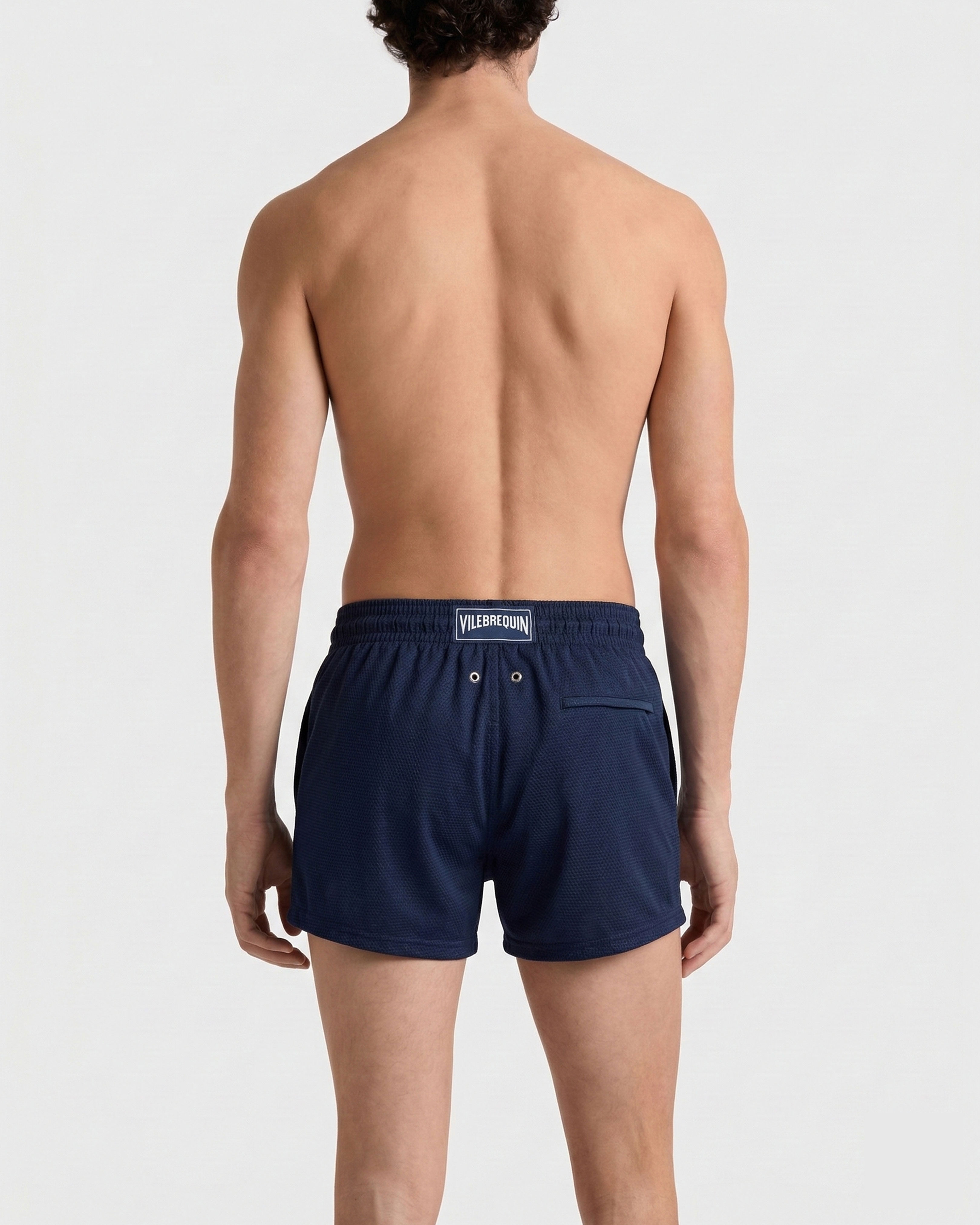 Men Short Ultrafine Merino Wool Swimwear Micro Carreaux NAVY backworn view