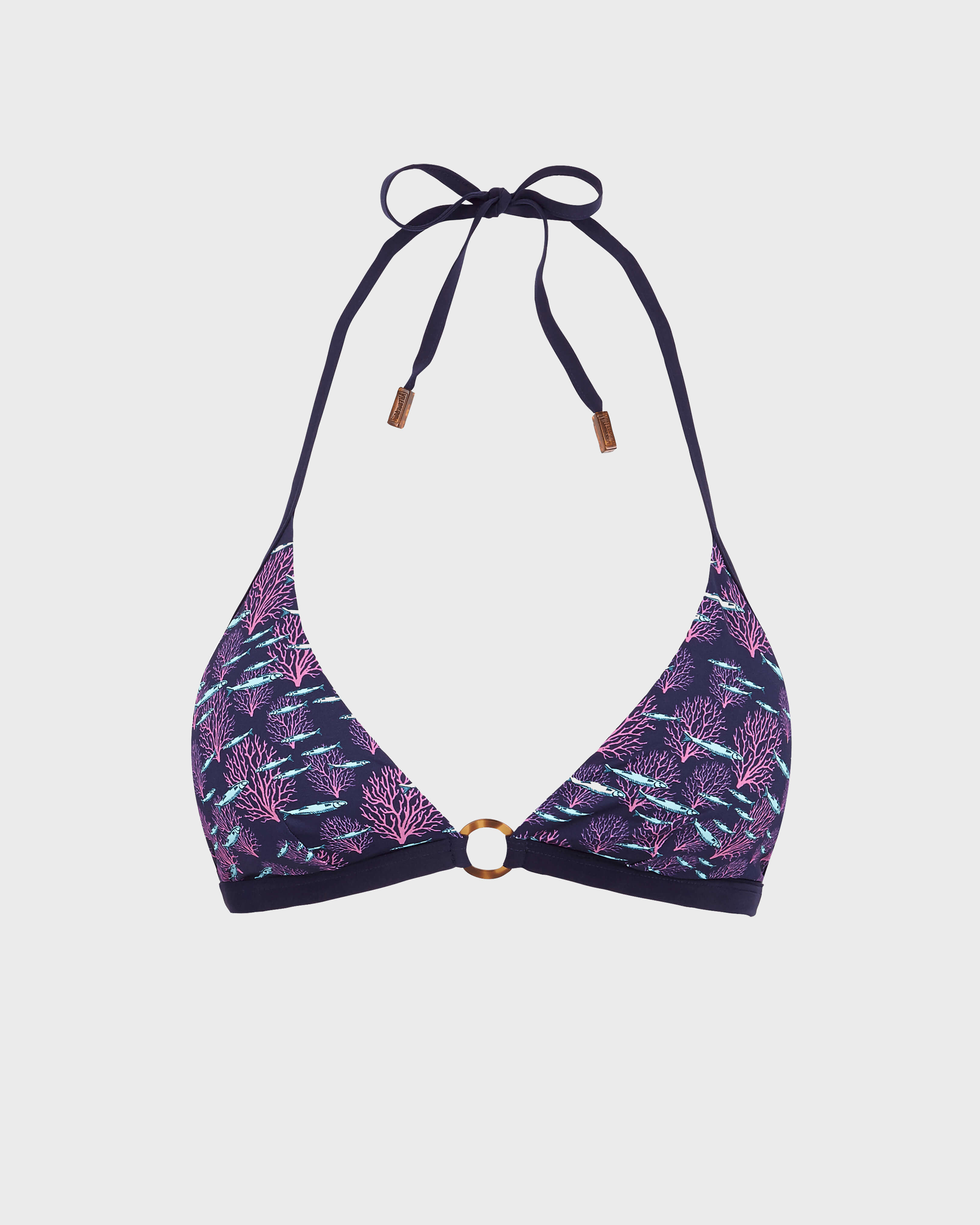 Top de bikini anudado alrededor del cuello con estampado Coraland Fish para mujer AZUL MARINO front view