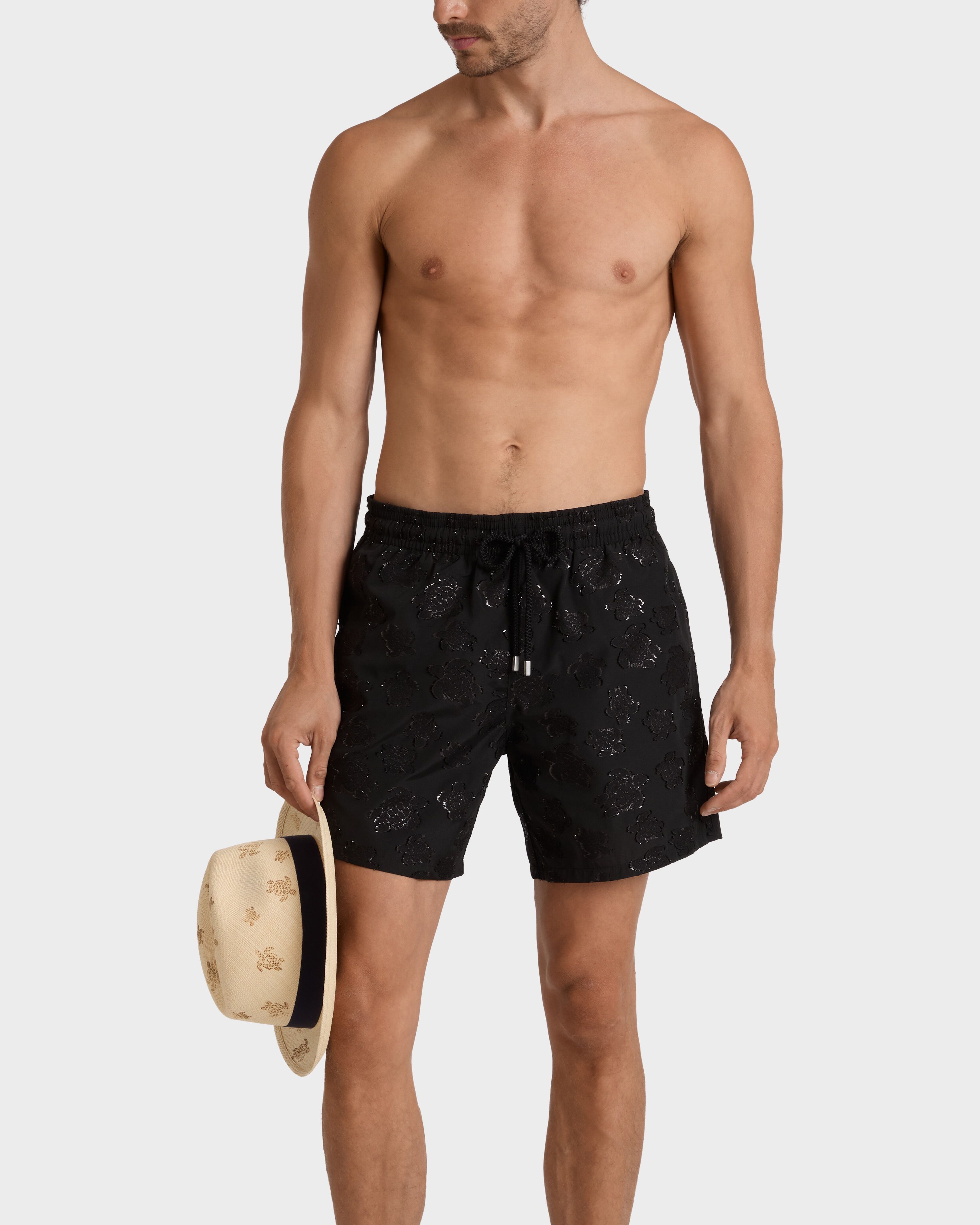 Men Swim Trunks Ronde des Tortues Jacquard Broché BLACK frontworn view
