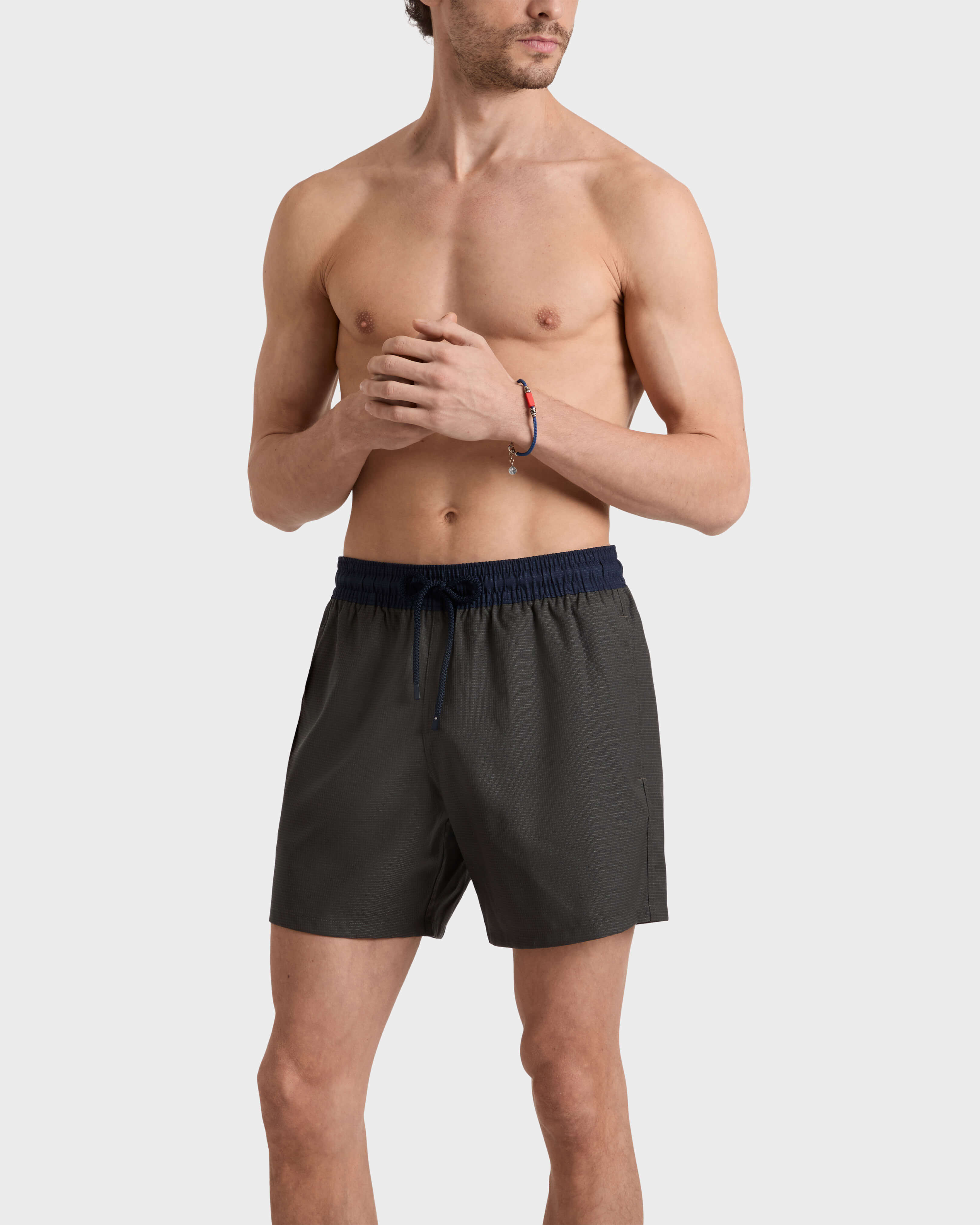 Men Ultrafine Wool Swim Shorts Micro Carreaux Tailoring KHAKI frontworn view