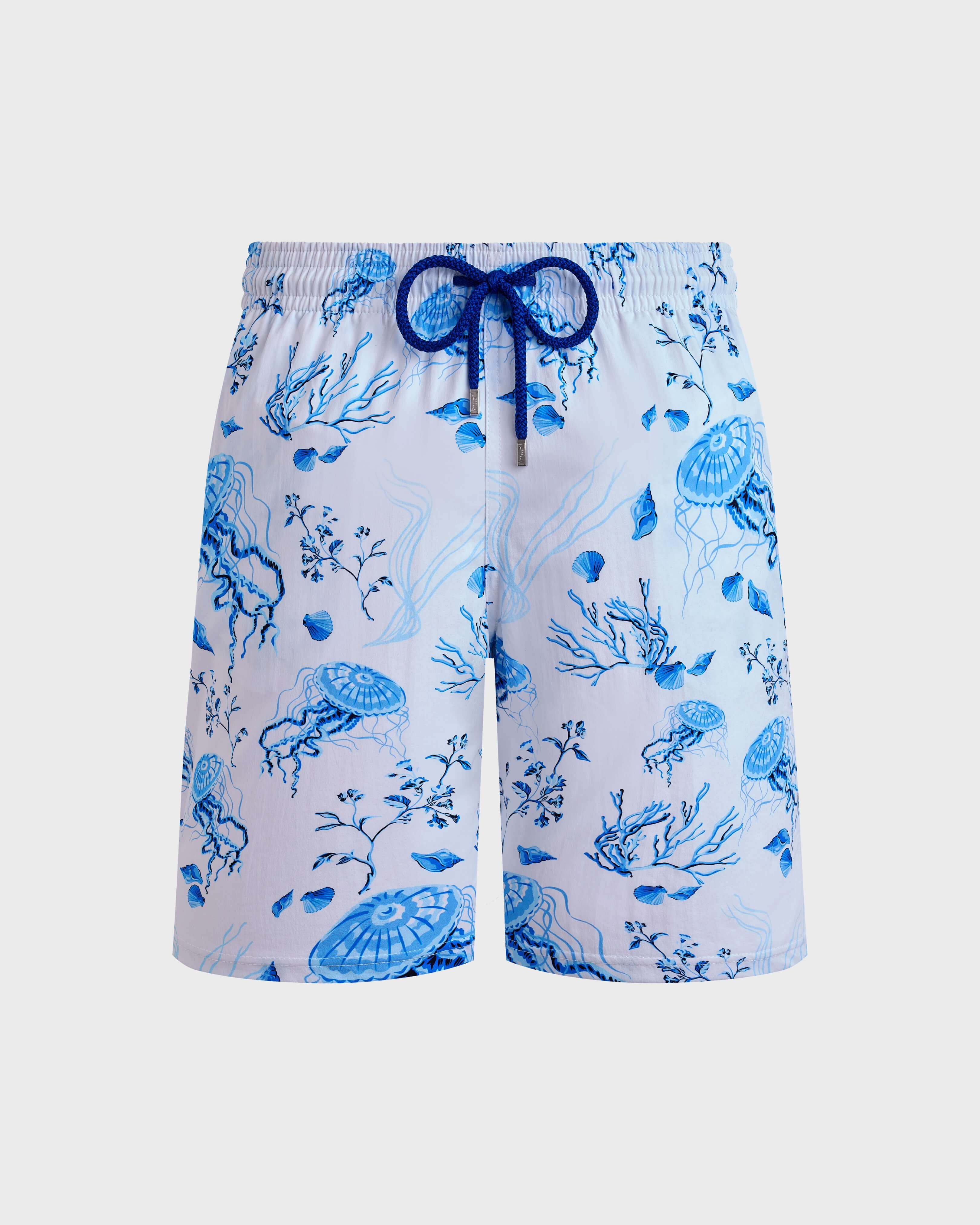 Men Long Stretch Swim Shorts Medusa and Shells WHITE front view