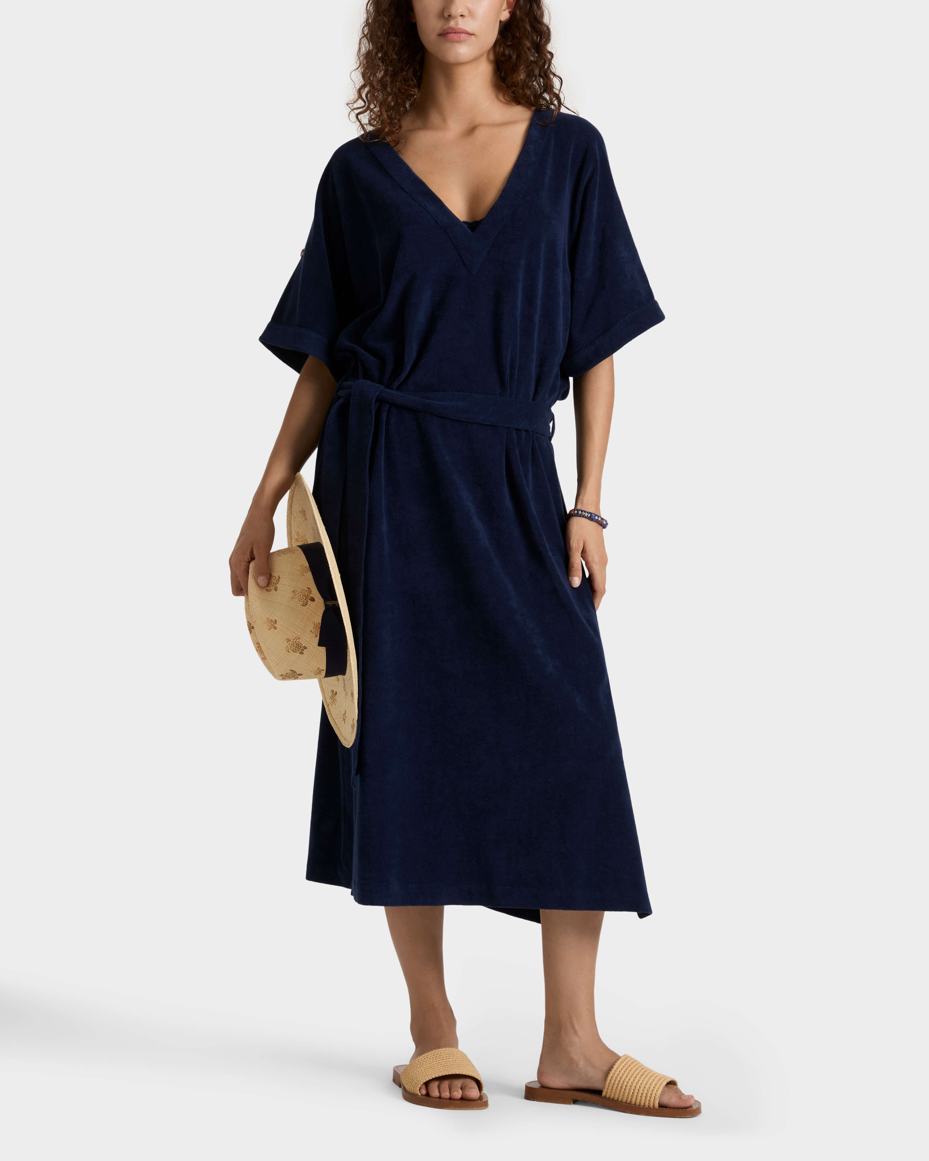 Caftano donna reversibile in spugna tinta unita BLU MARINE backworn view