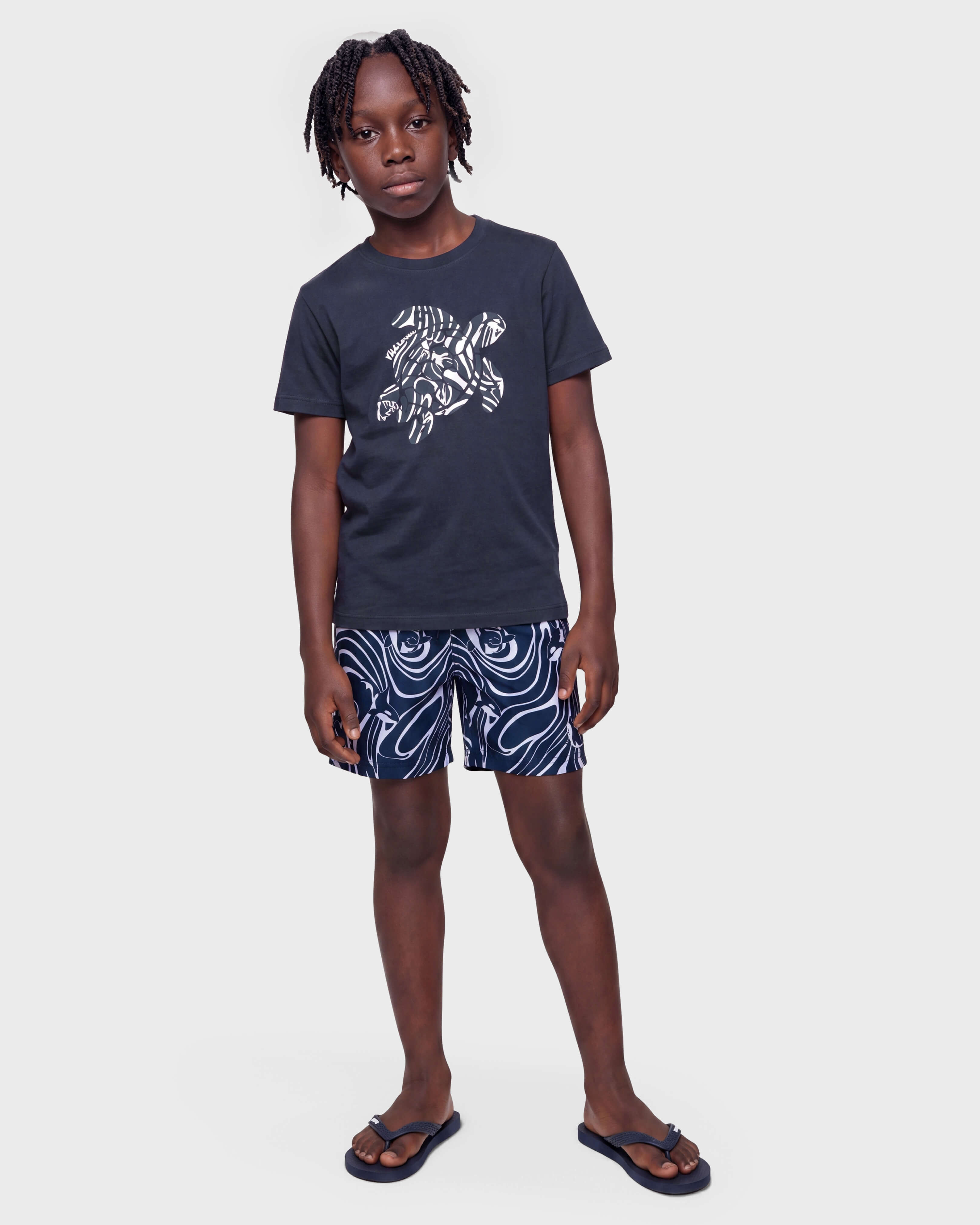 Boys Stretch Swim Shorts Orcas NAVY frontworn view