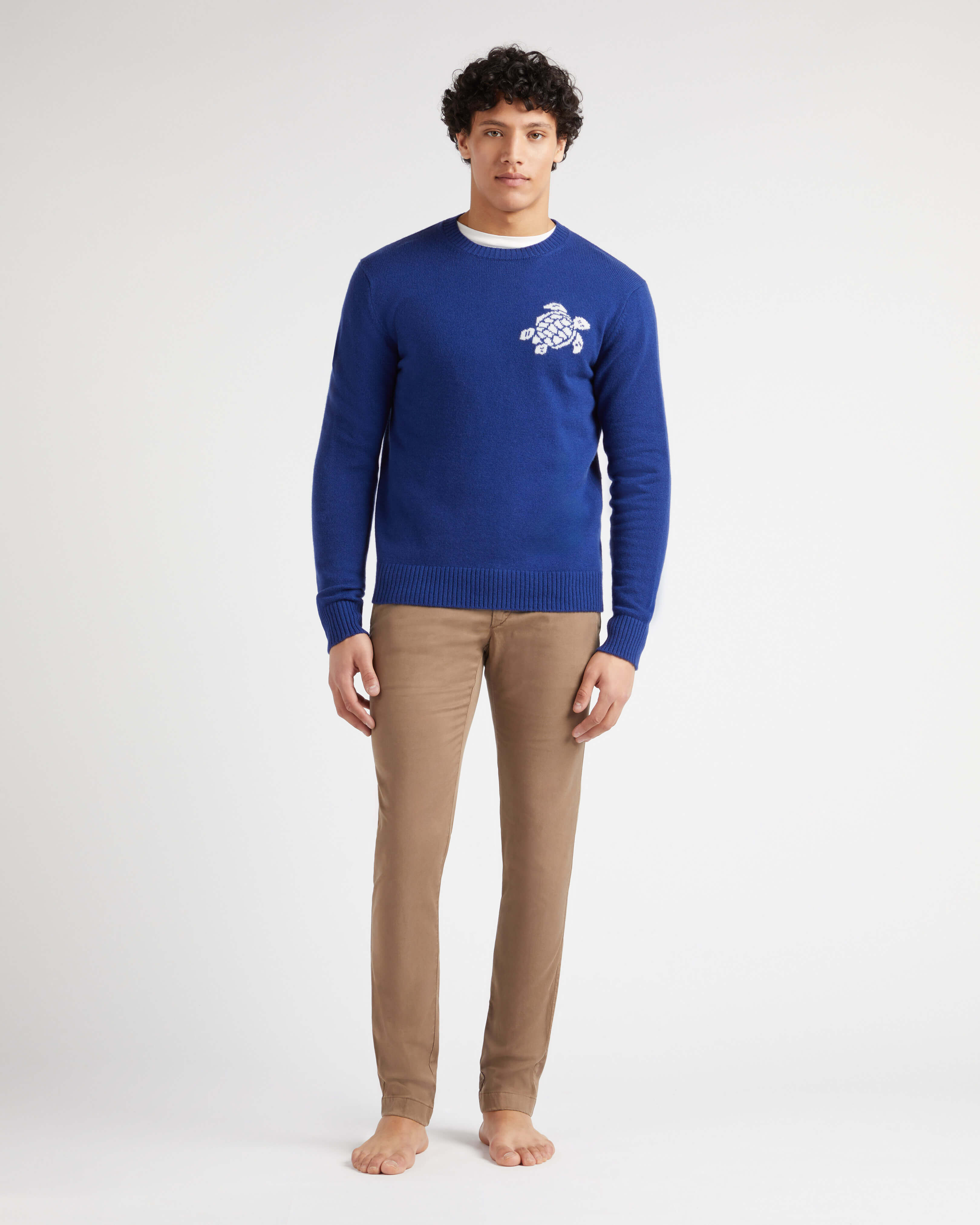 Men Crewneck Cotton and Cashmere Sweater Turtle PURPLE BLUE frontworn view