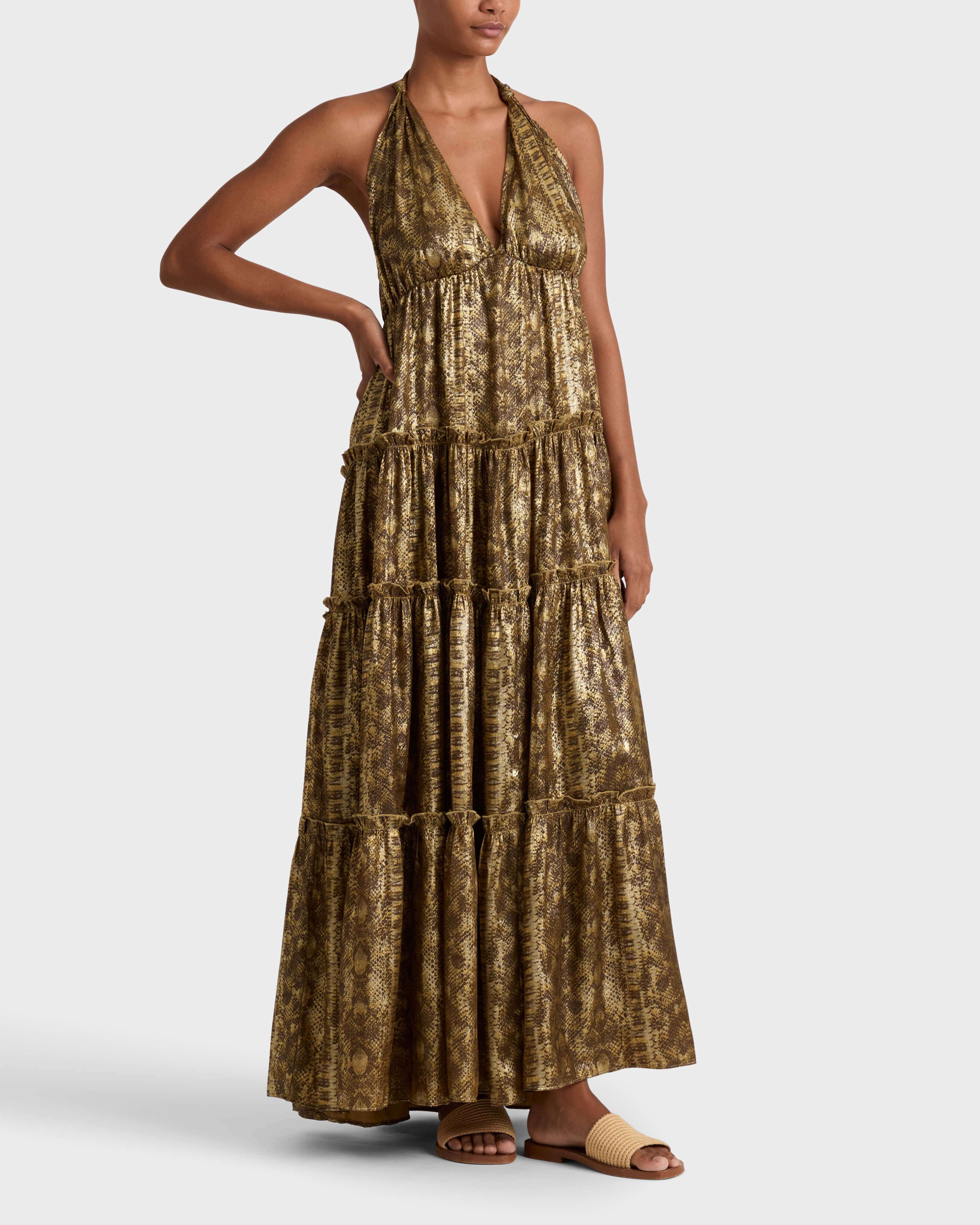 Langes Lame Python Kleid für Damen GOLD frontworn view
