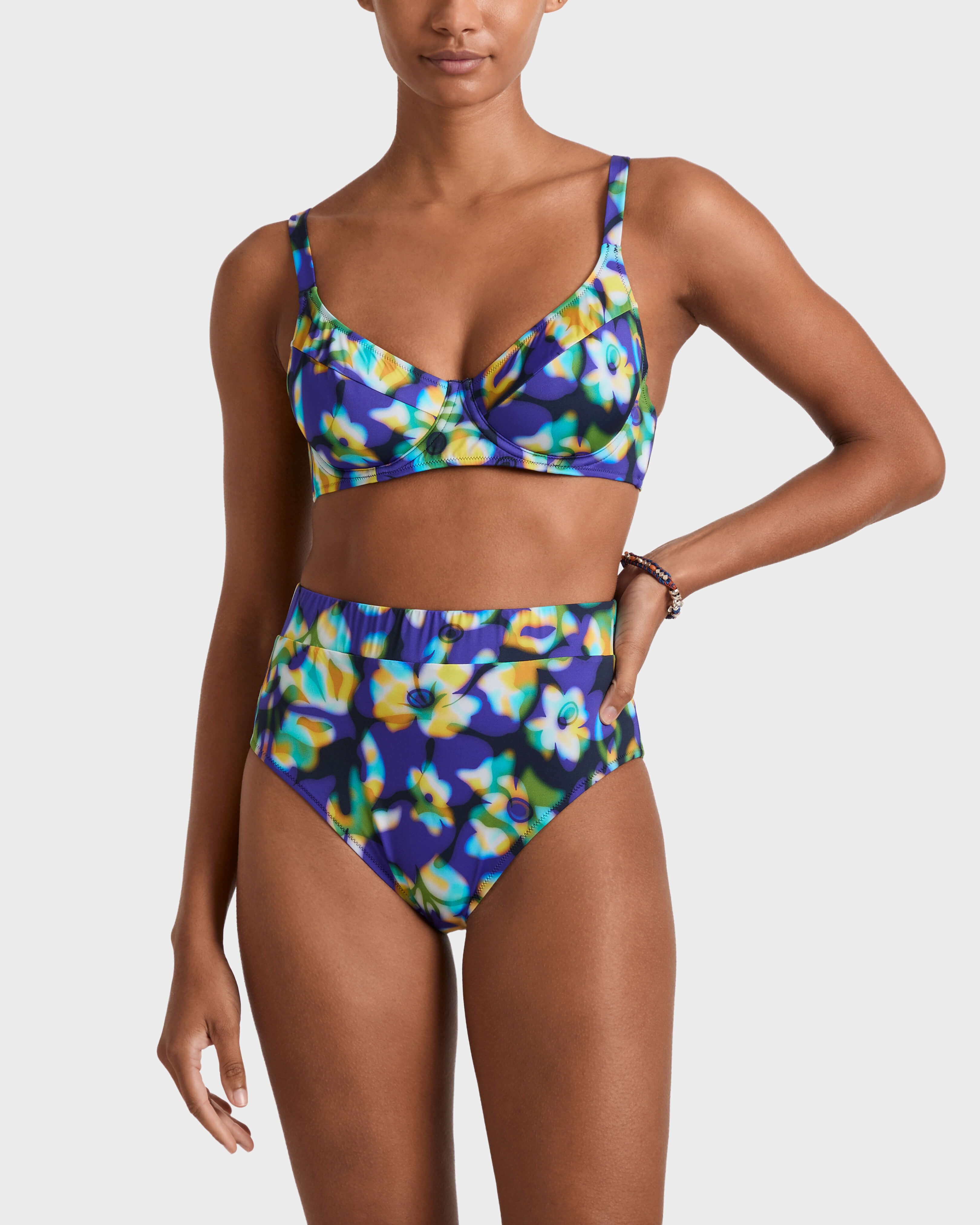 Bas de maillot de bain taille haute femme Frangipanier Trouble BLEU MARINE frontworn view