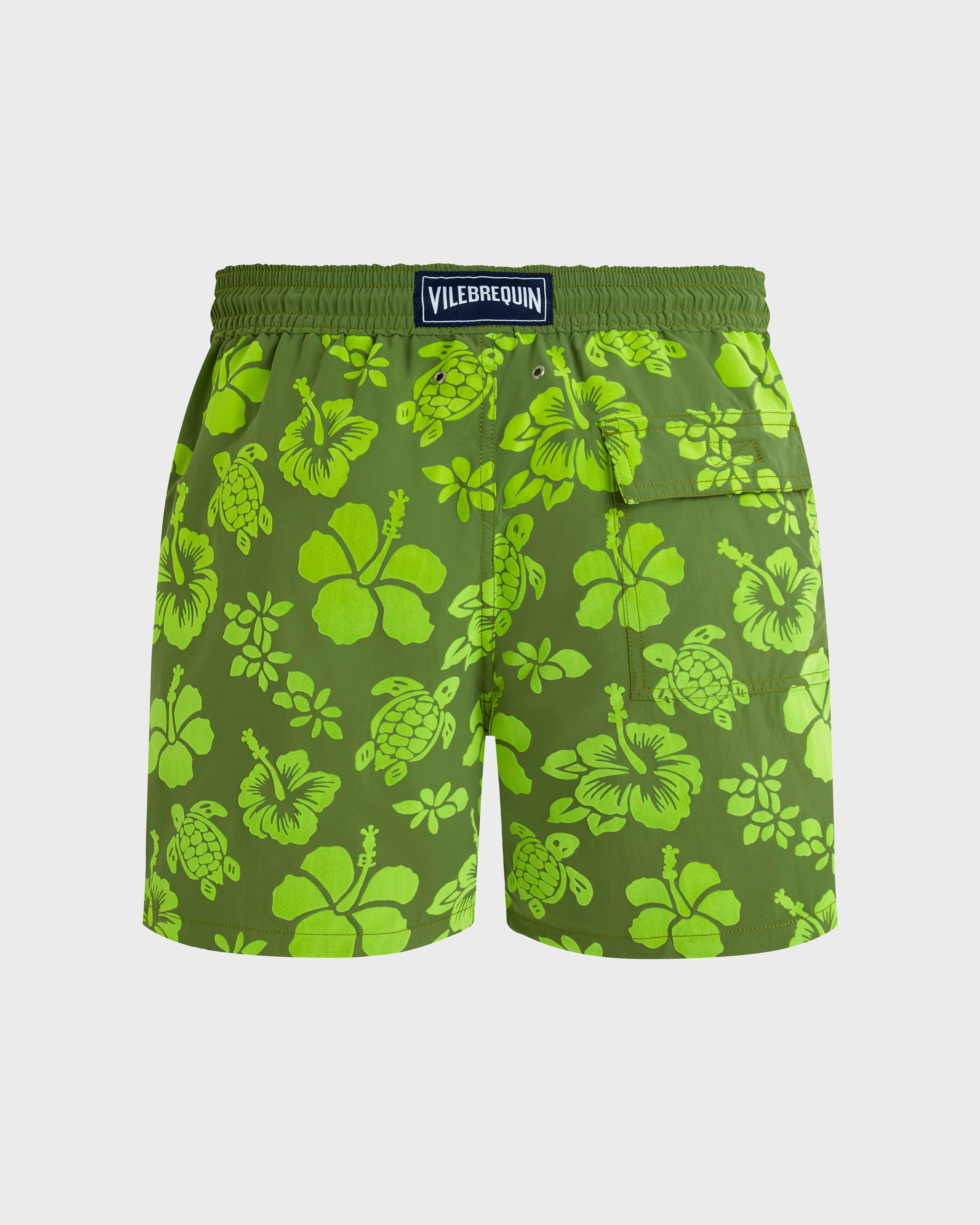 Men Swim Shorts Flocked Tropical Turtles CAMOUPLAGE back view