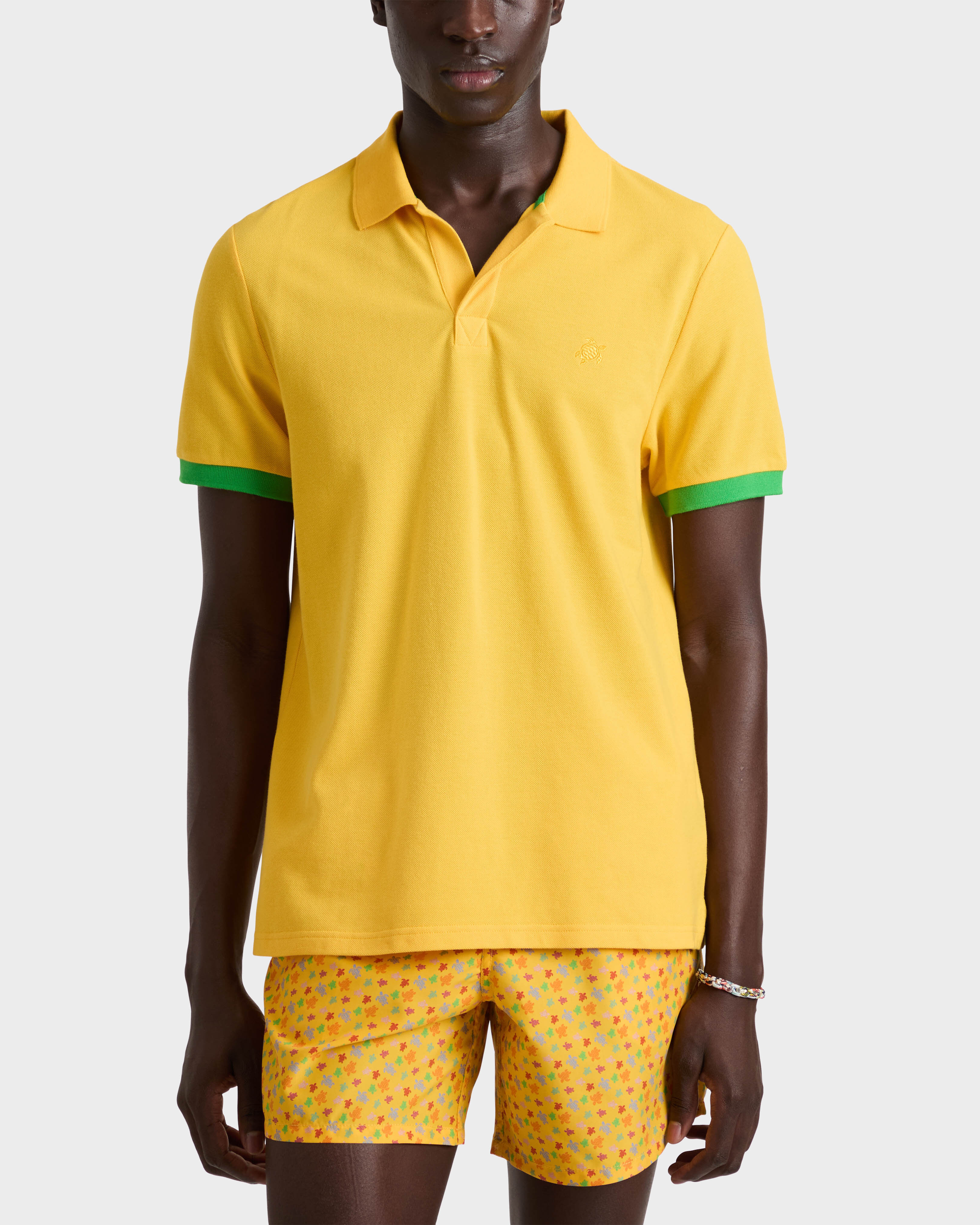 Men Cotton Pique Polo Shirt Solid CORN frontworn view