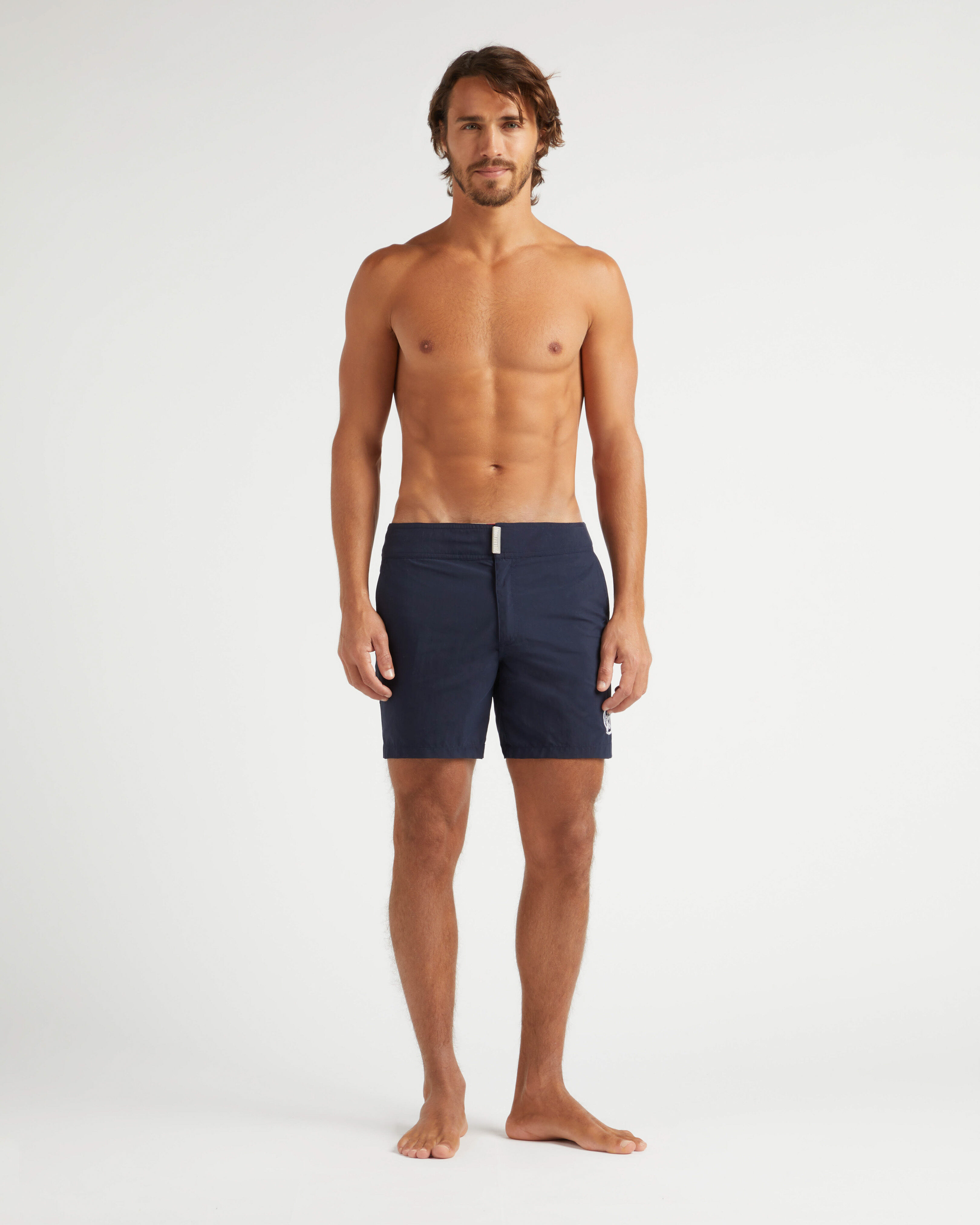 Men Stretch Swim Shorts Flat Belt - Vilebrequin x Ines de la Fressange NAVY frontworn view