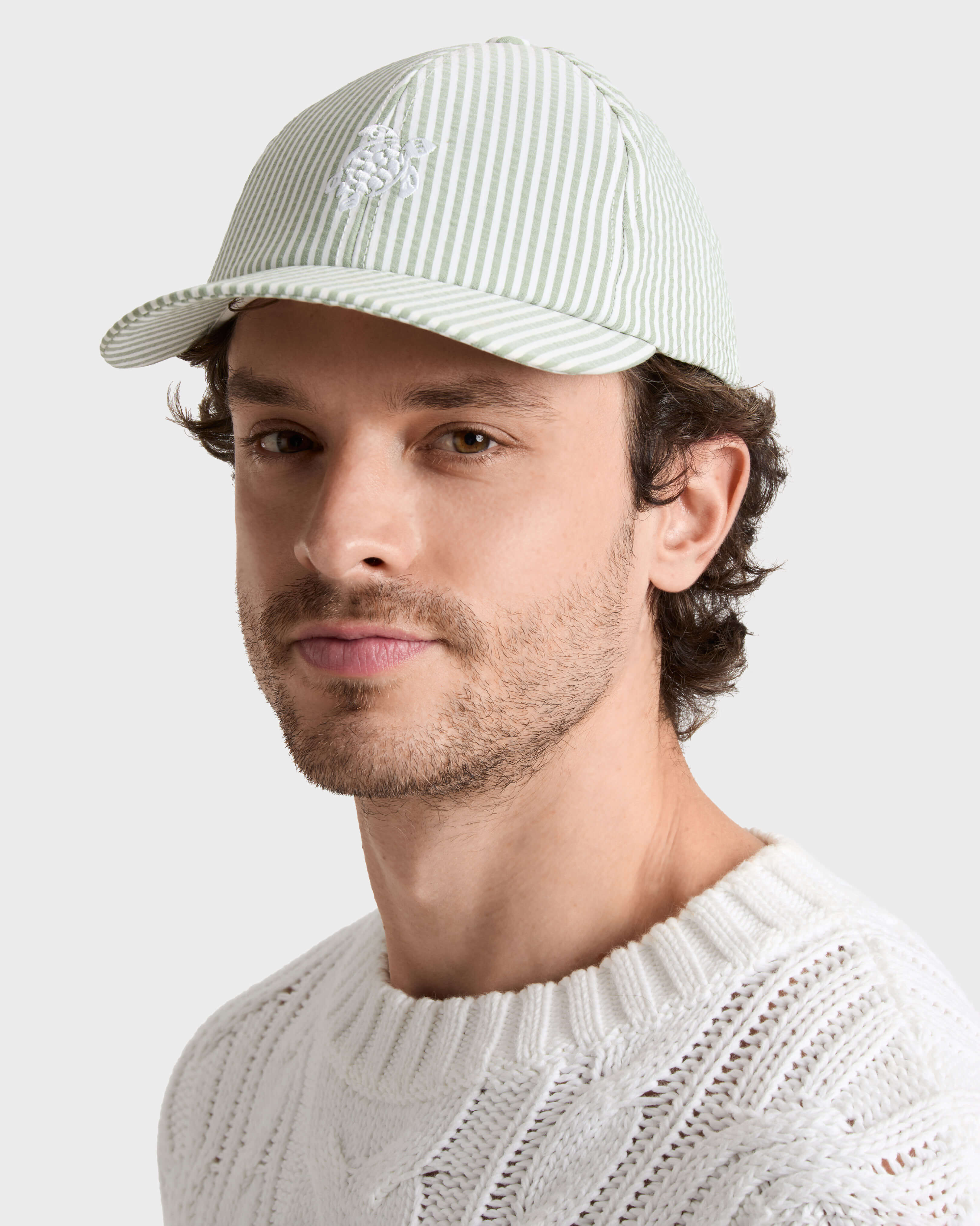 Striped Seersucker Kappe für Herren KHAKI frontworn view