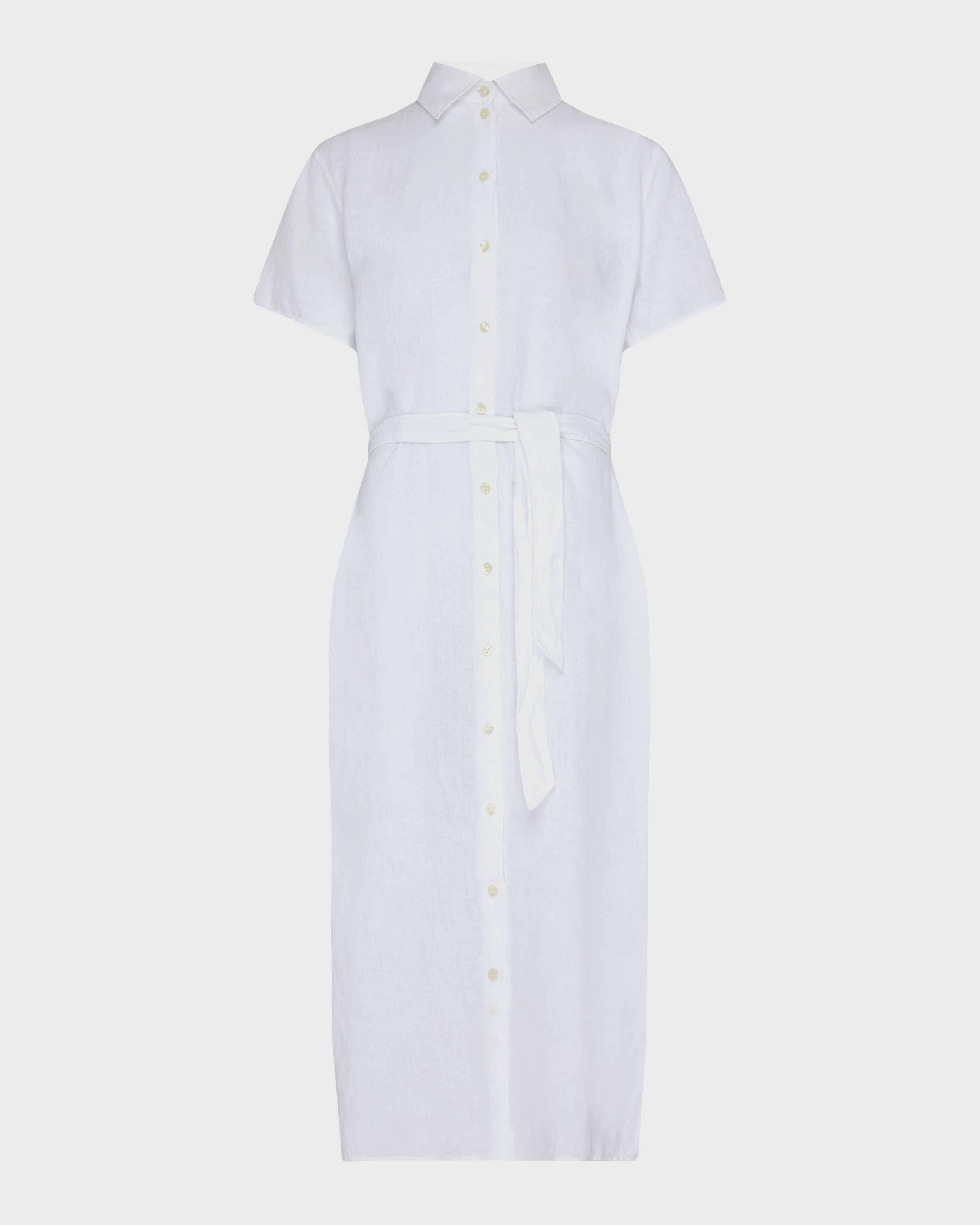 Vestido camisero de lino de color liso para mujer BLANCO front view