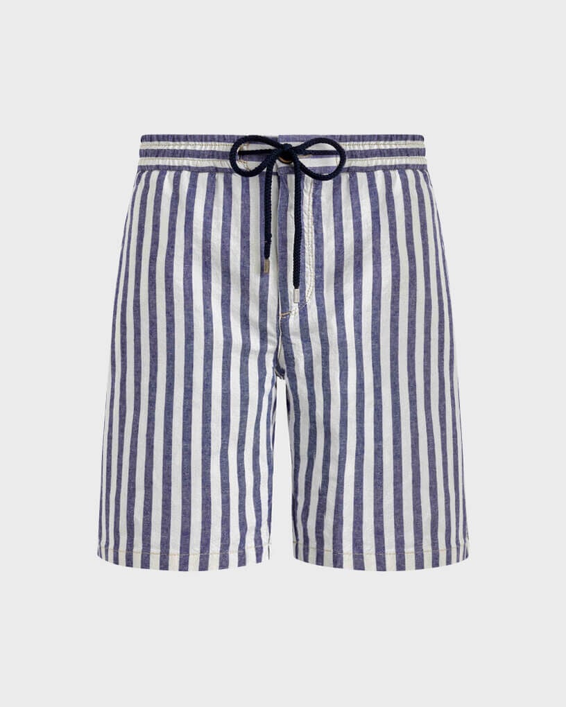 Men Striped Cotton Linen Bermuda Shorts MIDNIGHT front view